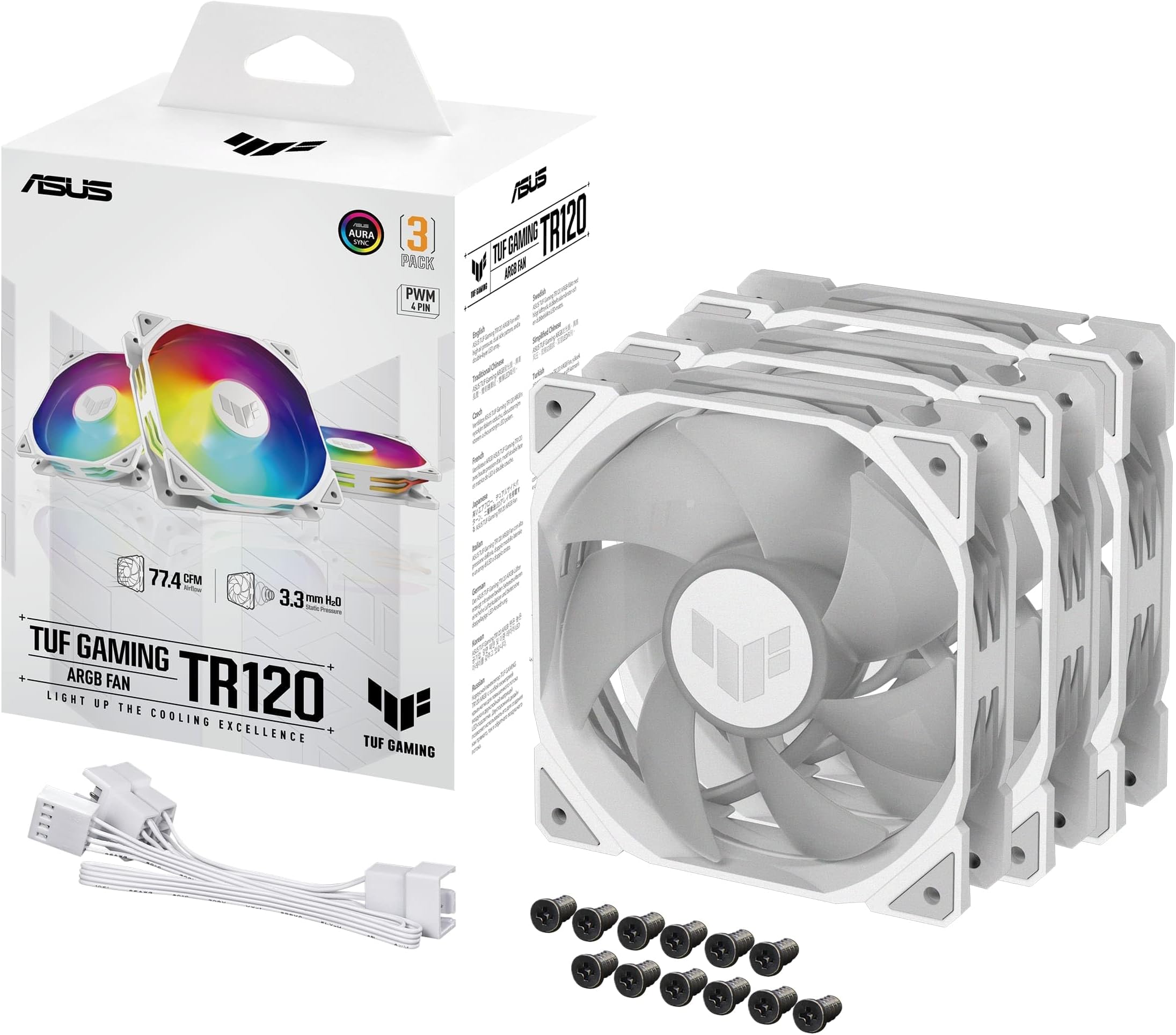 TUF Gaming TR120 ARGB Standard Blade White 3-in-1 Case Fan Pack of 3 (120 mm PWM PC Fan, 2000 rpm, 3.3 mm H2O, 77.4 CFM Airflow, 16 Individually Addressable RGB LEDs, White)