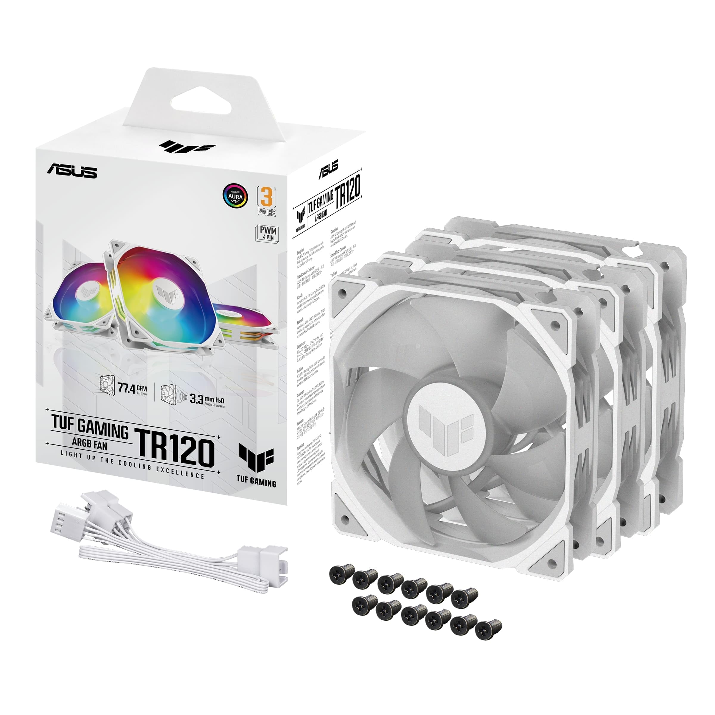 TUF Gaming TR120 ARGB Standard Blade White 3-in-1 Case Fan Pack of 3 (120 mm PWM PC Fan, 2000 rpm, 3.3 mm H2O, 77.4 CFM Airflow, 16 Individually Addressable RGB LEDs, White)