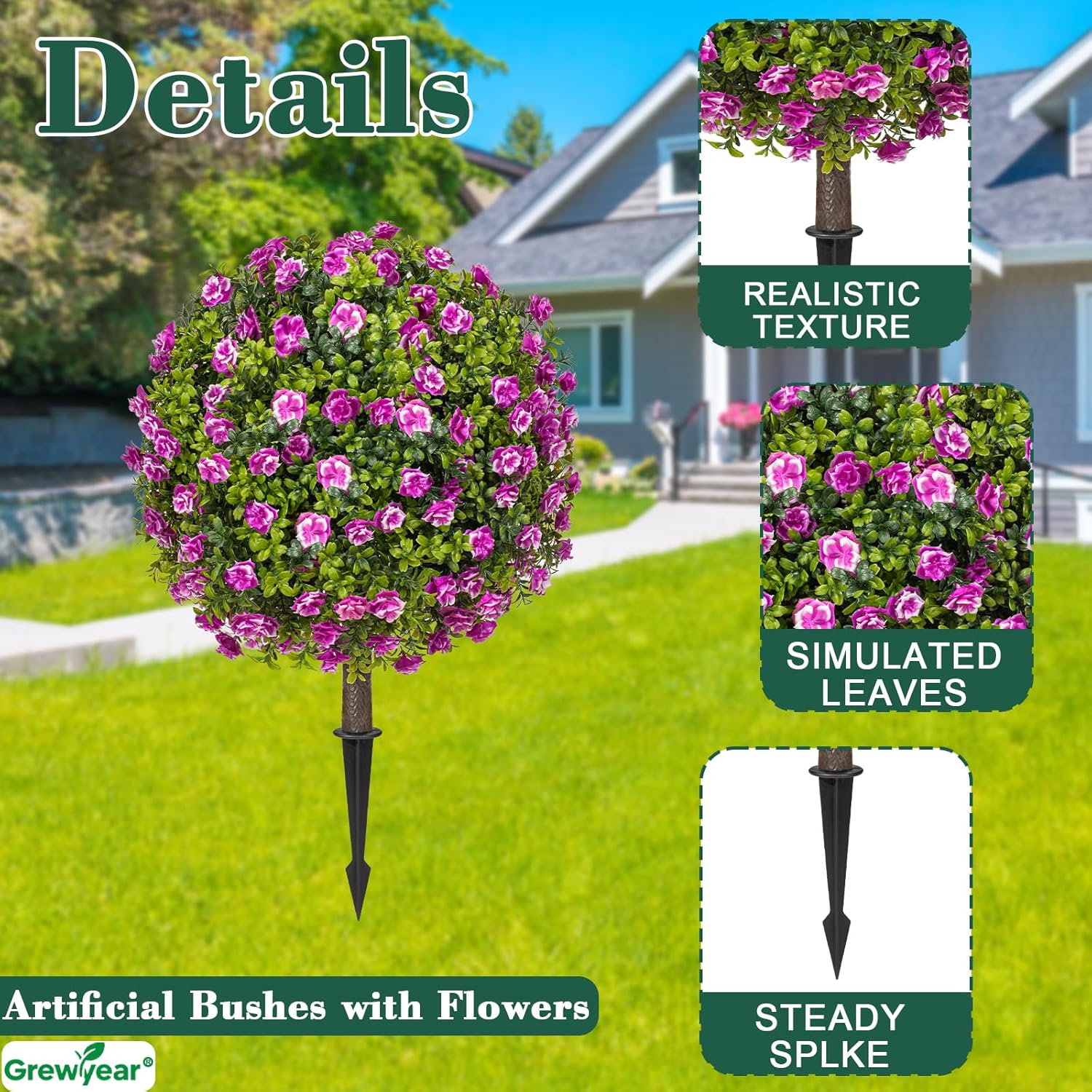 Artificial Purple Rose Topiary Ball Trees with Ground Spike Set of 2, Faux Boxwoods for Outdoor Planters, UV Resistant Artificial Outdoor Plants for Porch, Fake Bushes Round Shrub - Image 3