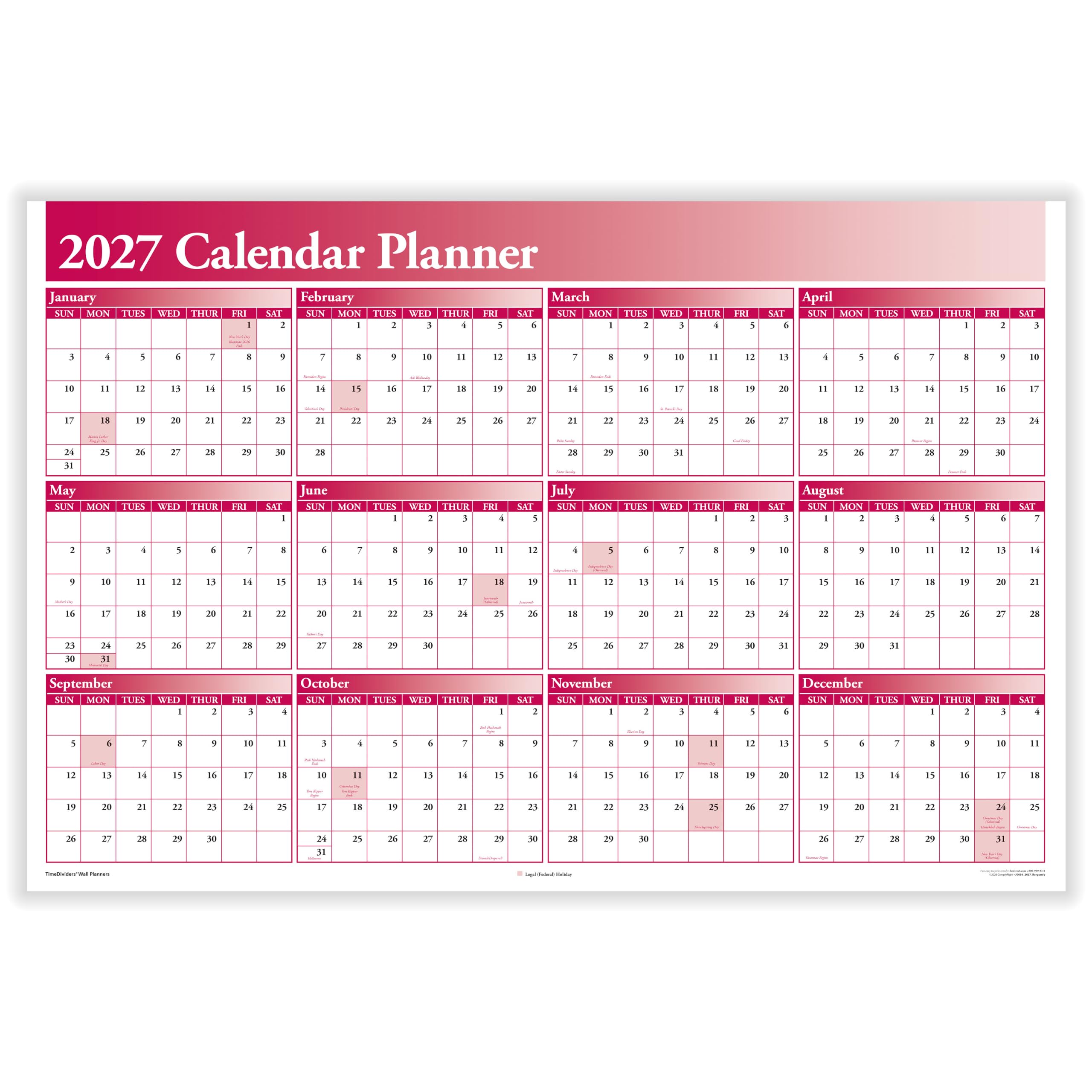 ComplyRight 2027 Vollkalender-Planer, zweiseitig (91,4 x 61 cm), Burgunderrot