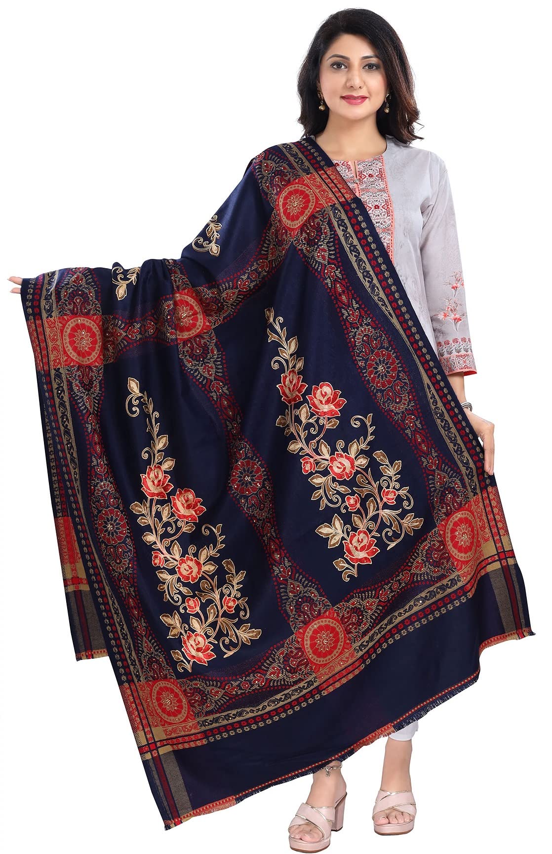 Ladies Shawl Shawls and Wraps for Women Warm Embroidery Shawls Scarfs Thick Scarves Navy Blue Acrylic 200 X 100cm approx 99