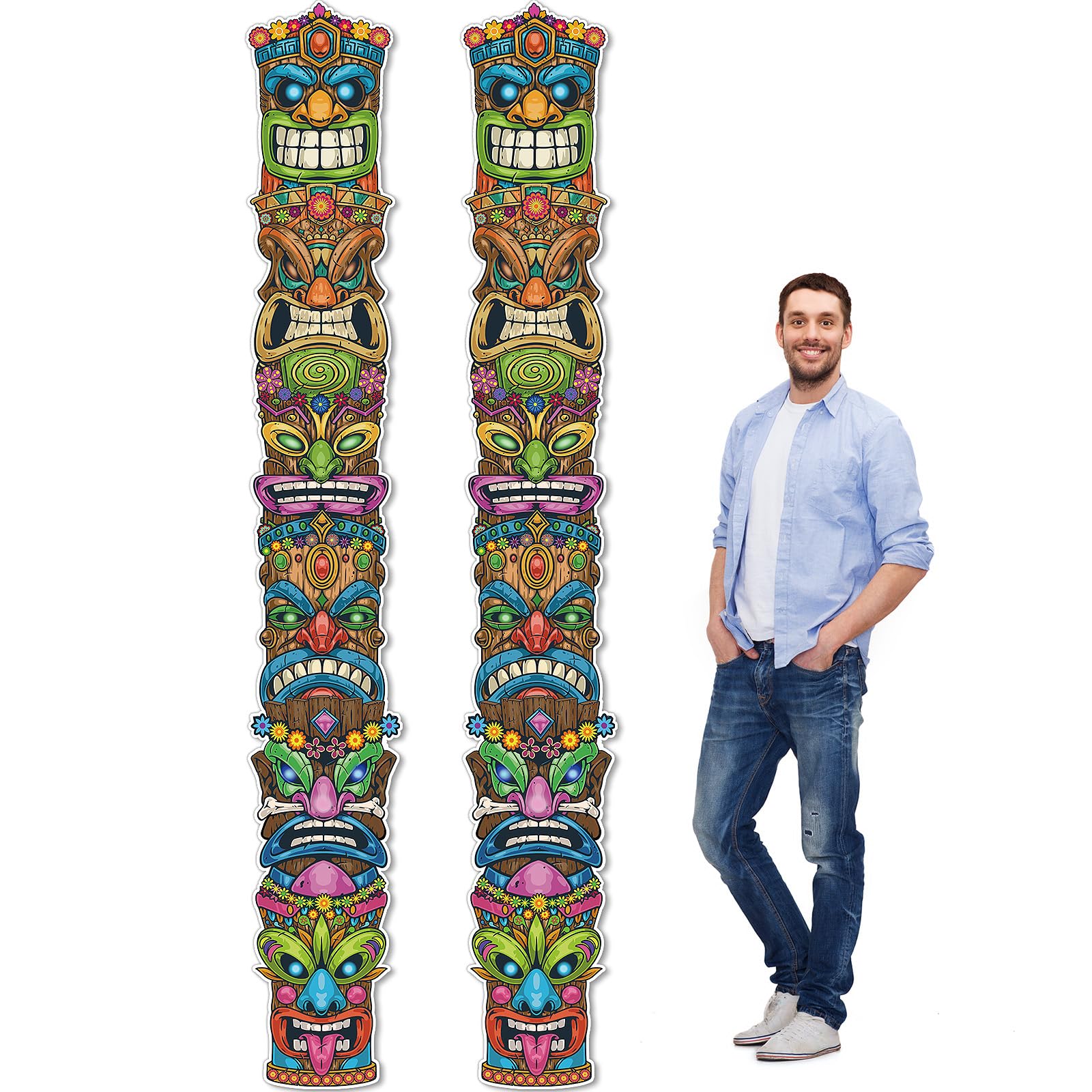 Honoson 2 Pcs Tiki Party Supplies Hawaiian Luau Party Decoration Jointed Tiki Totem Pole Jointed Giant Head Cutout Ancient Greek Decor for Aloha Summer Hawaiian Indoor Outdoor Wall Decor