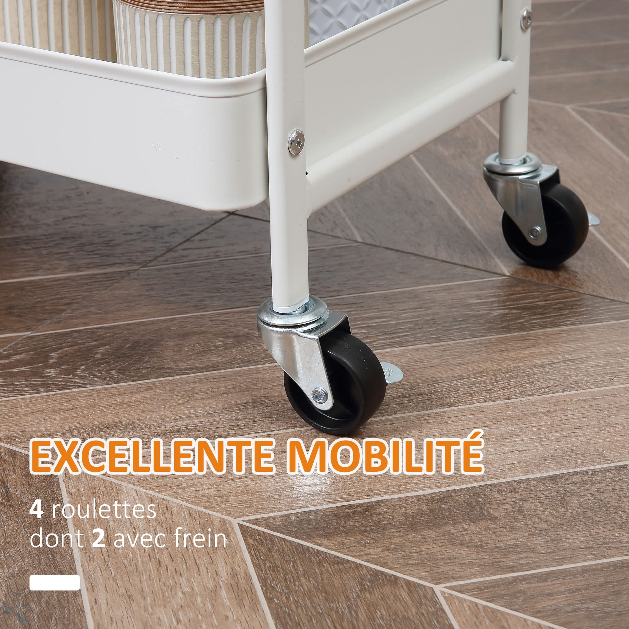 HOMCOM - Carro de Servicio para Cocina, 2 estantes cajón, Bandeja de Madera, Acero PP, Color Blanco