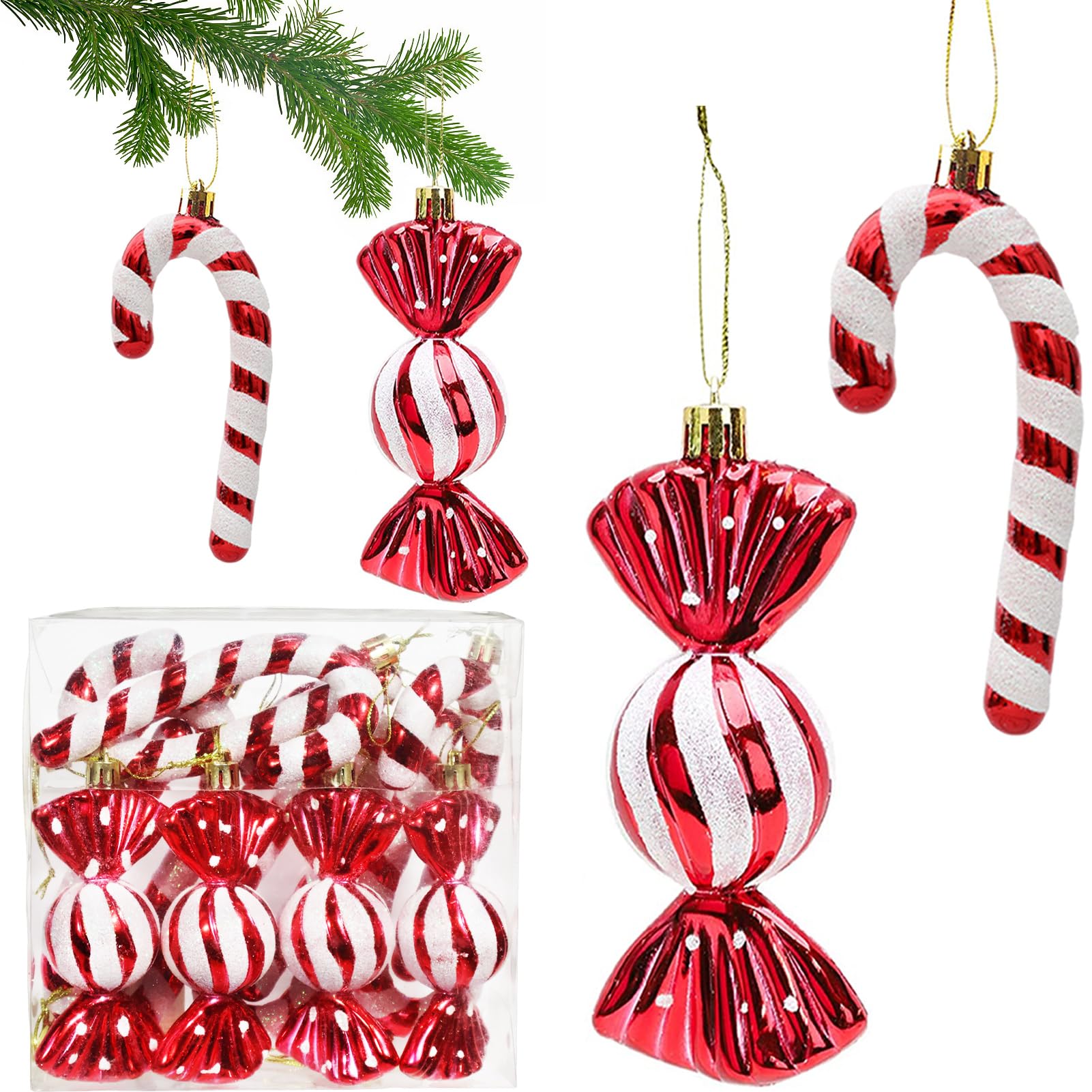 12 Piezas Brillo Decoraciones del árbol de Navidad Rojo,XXL Navidad Adornos Bastones de Caramelo decoración,Adornos del árbol de Navidad Adornos del árbol de Navidad Rojo Blanco para la decoración