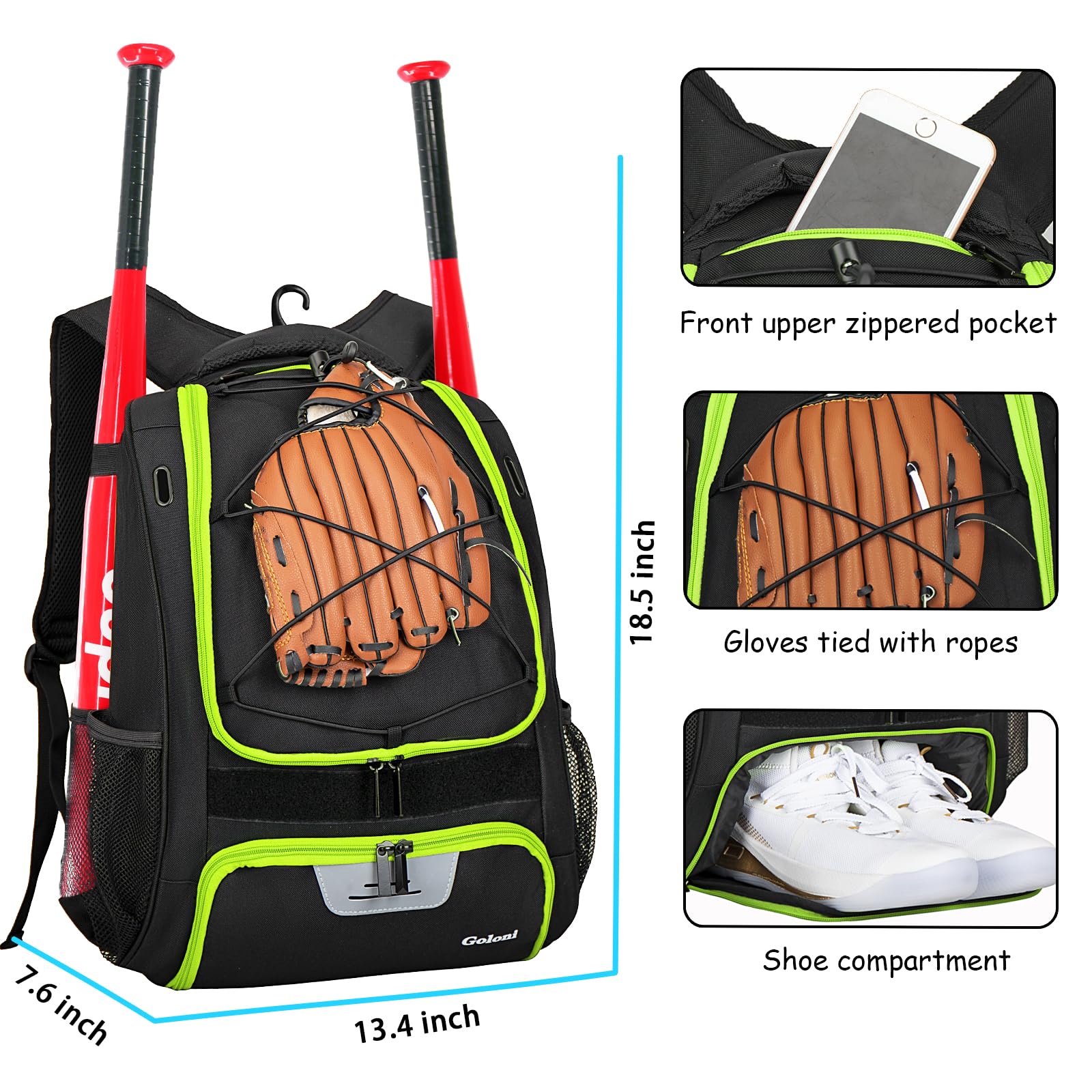 Sac à dos de baseball pour adultes et jeunes avec compartiment à chaussures et crochet de clôture