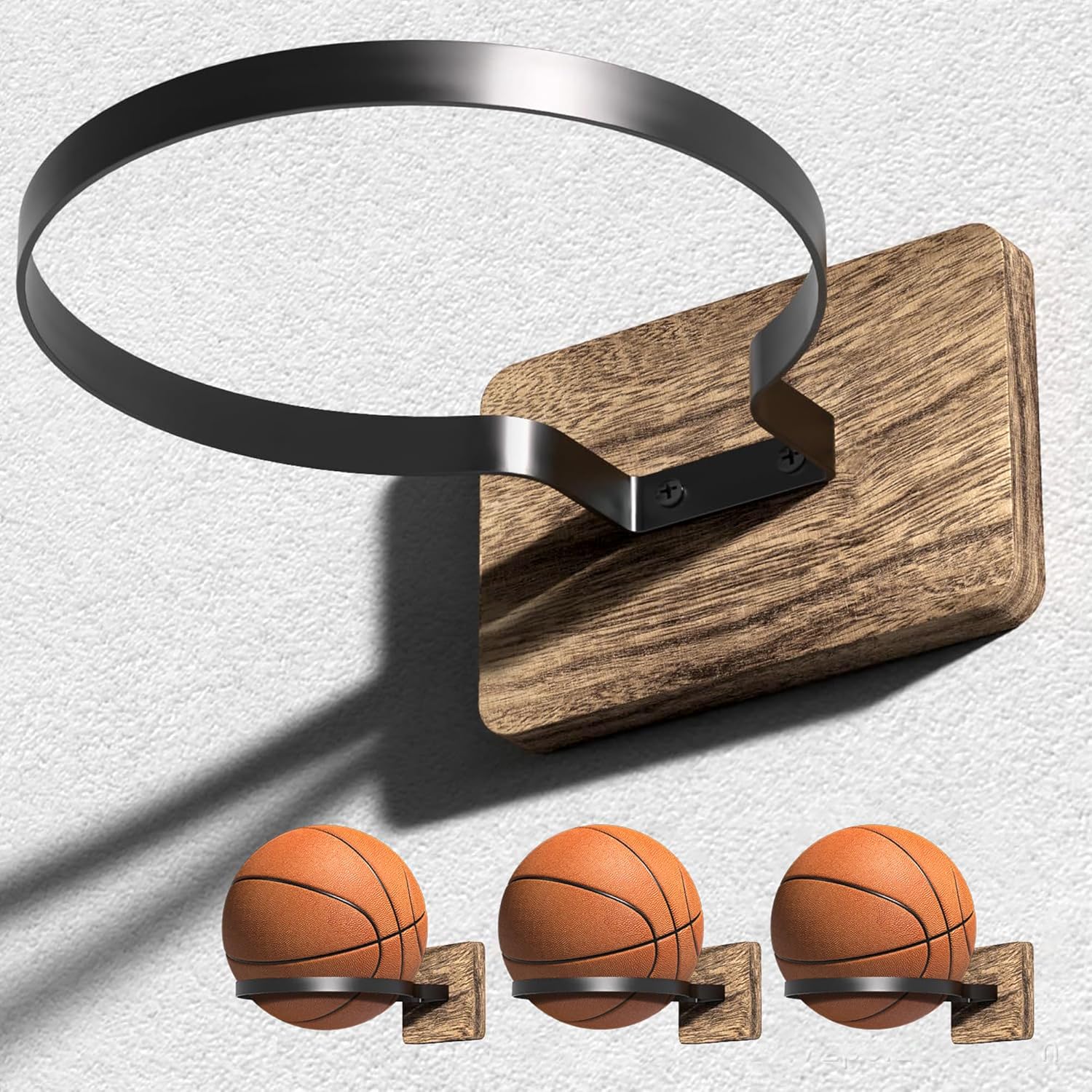 4 Pack Sports Ball Display Rack Wall Mount Decorative Holder for Autograph Basketball Football Soccer Wood and Metal Storage Organizer for Fan Cave Room Decor