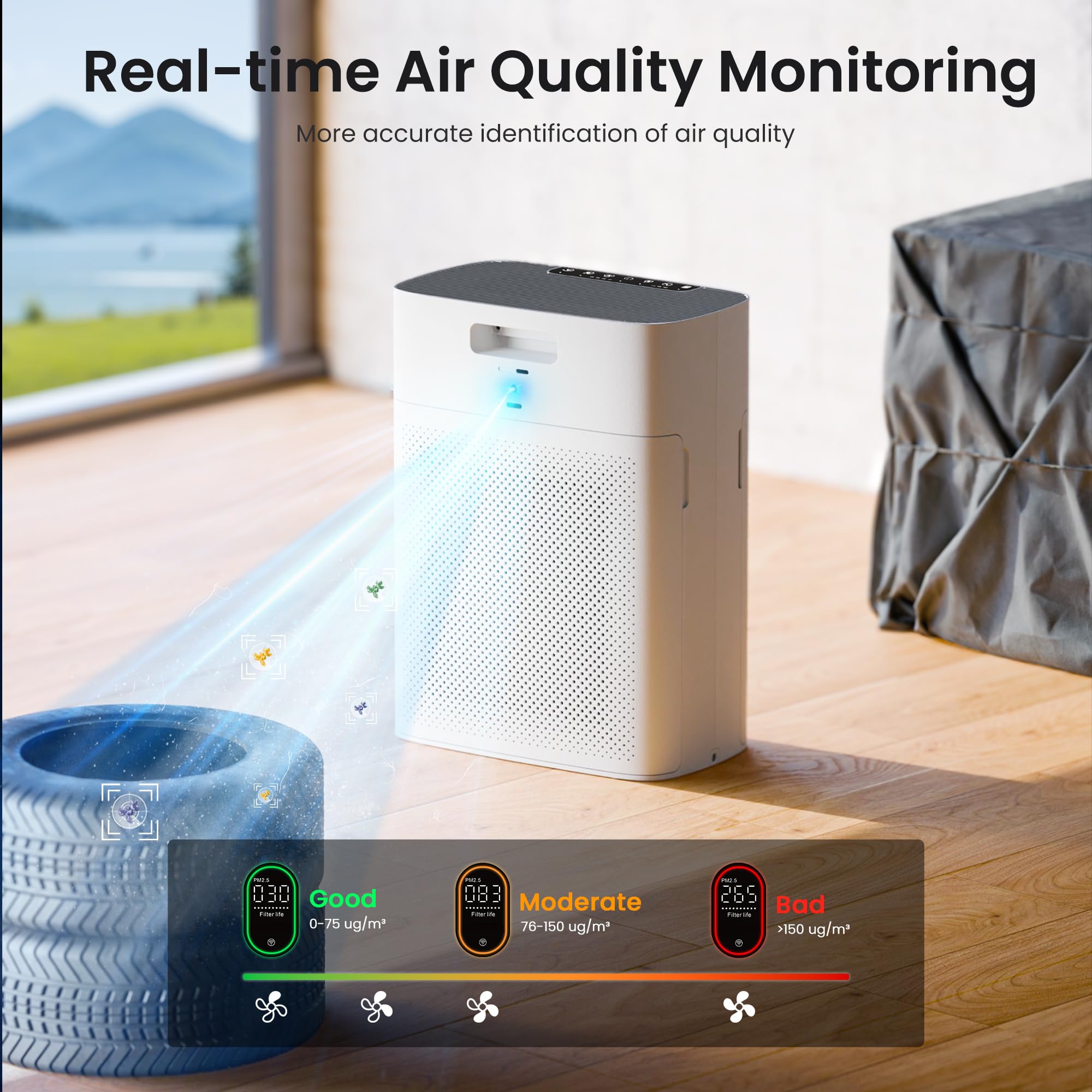 MERONTE Purificatore d'aria per ambienti fumatori, anallergico, filtro HEPA contro polline polvere, CADR 300 m³/h per 100 m², 24 dB Silenzioso, timer, feedback di qualità dell'aria e modalità auto