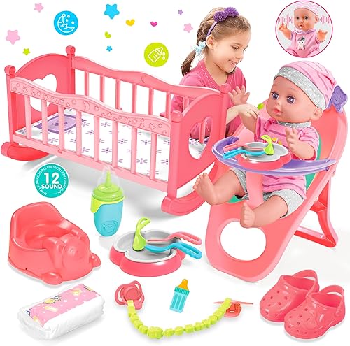 Juego de juguetes de muñeca de bebé, juguetes de muñeca de 14 pulgadas, 15 piezas de juguetes para el cuidado de muñecas, juego de muñecas de