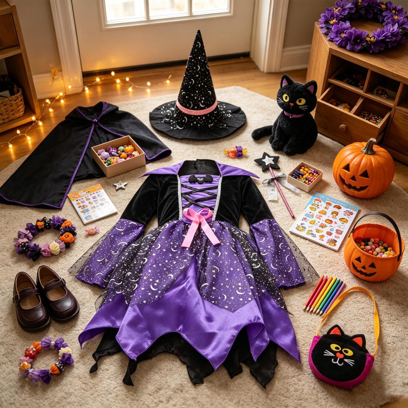 Mädchen Kinder Halloween Kostüm Mit leuchtendem Hut Hexenkostüm bequemem