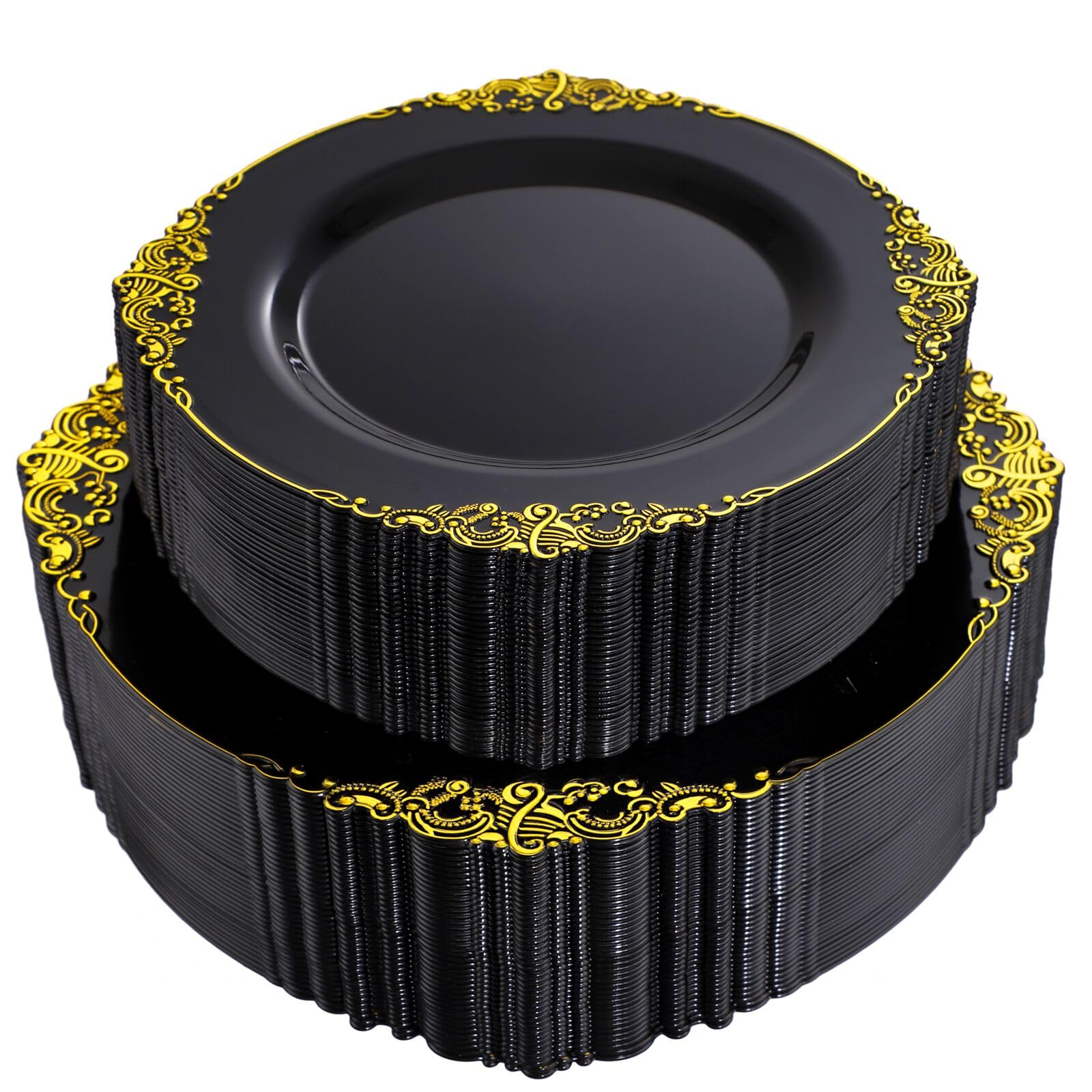 102PCS Black and Gold Plastic Plates - Black Disposable Plates - Heavyweight Disposable Plate with Gold Rim - Fancy Dinner & Dessert Plate for 51 Guests Graduation Weddings