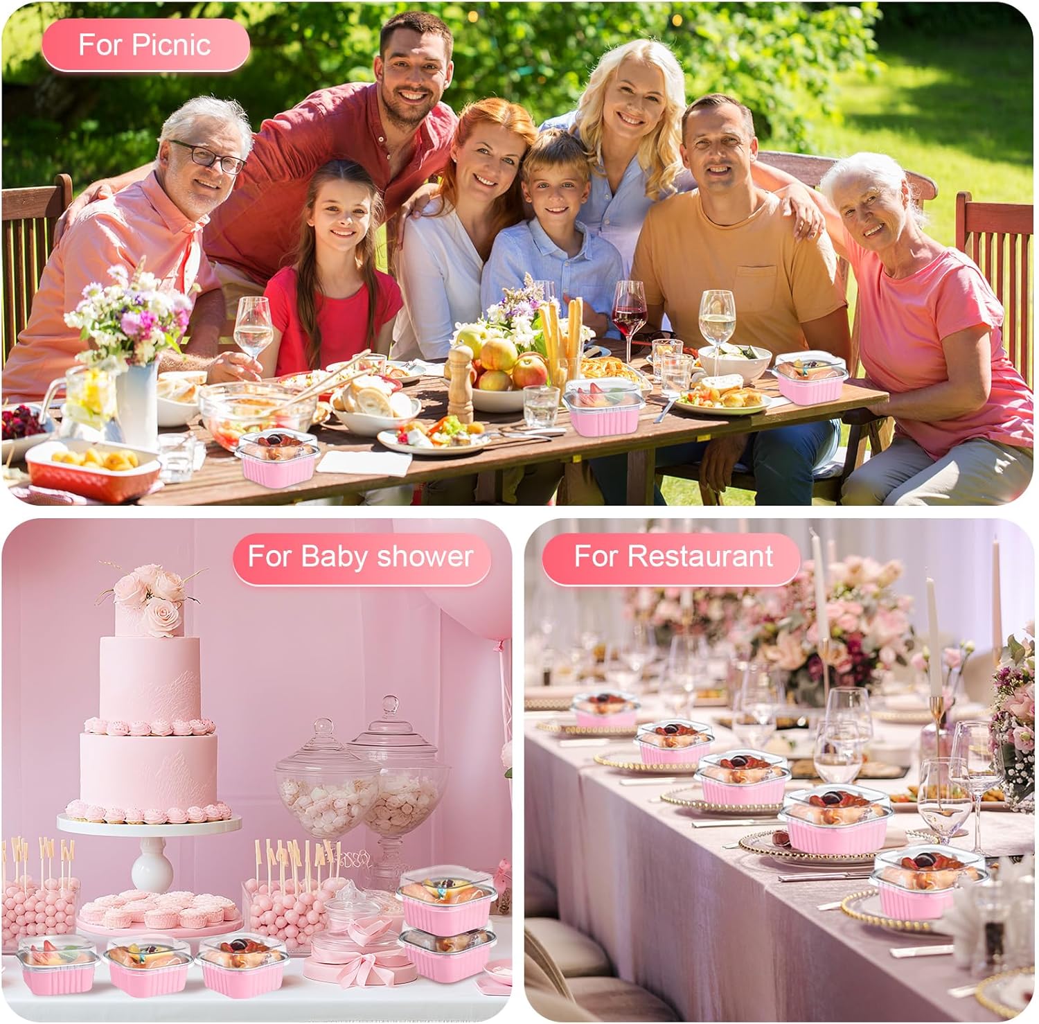 200 Pack 5 oz Square Baking Cups with Lids Aluminum Foil Mini Cake Pans Disposable Ramekins Tins Dessert Containers Cupcake Pans for Souffle Wedding Birthday Party Picnic(Pink,Classic) - Image 7