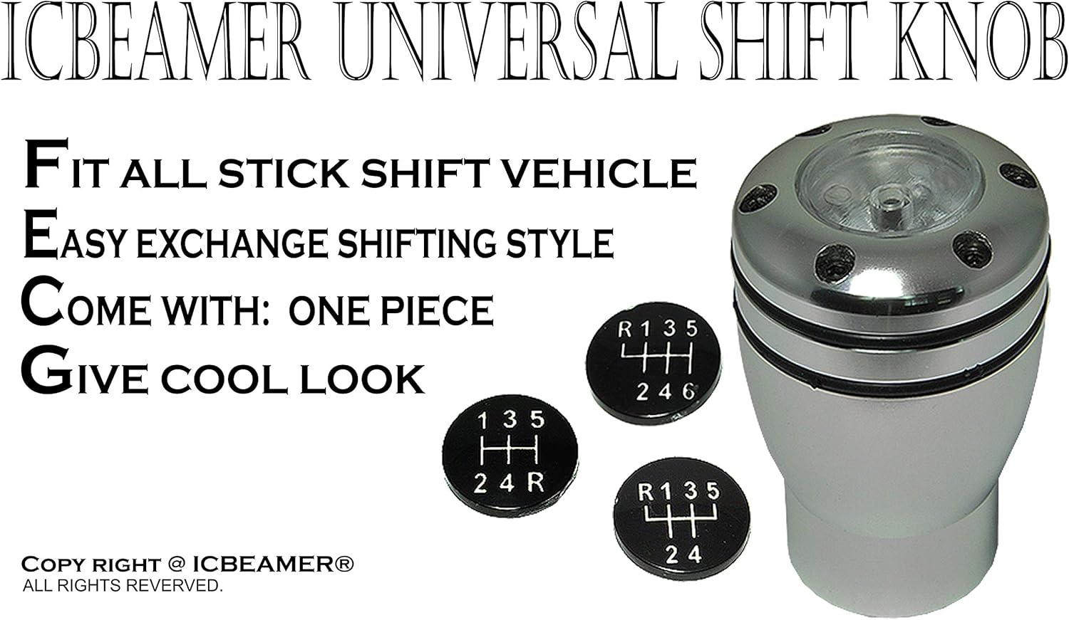 ICBEAMER Silver Aluminum Shift Knob Yellow LED Light Top Glow, Fit Buttonless Automatic & 4, 5, 6 Speed Manual Transmission Interior Car Gear Lever Stick Shift Racing Style [Battery Included]