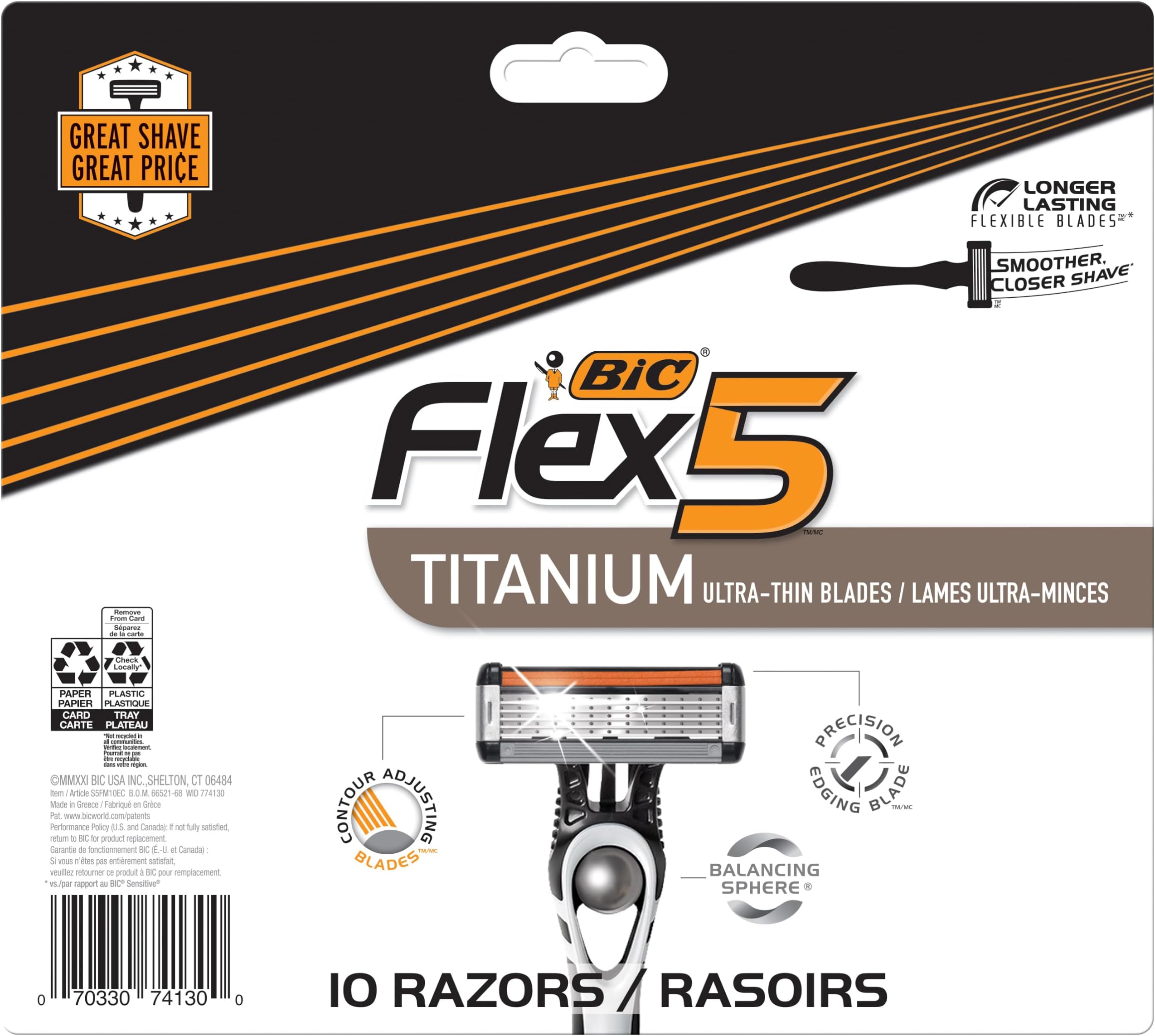 Flex 5 Disposable Razors for Men, Long-Lasting 5-Blade Razors For a Smooth and Comfortable Shave, Shaving Razors, 10 Count