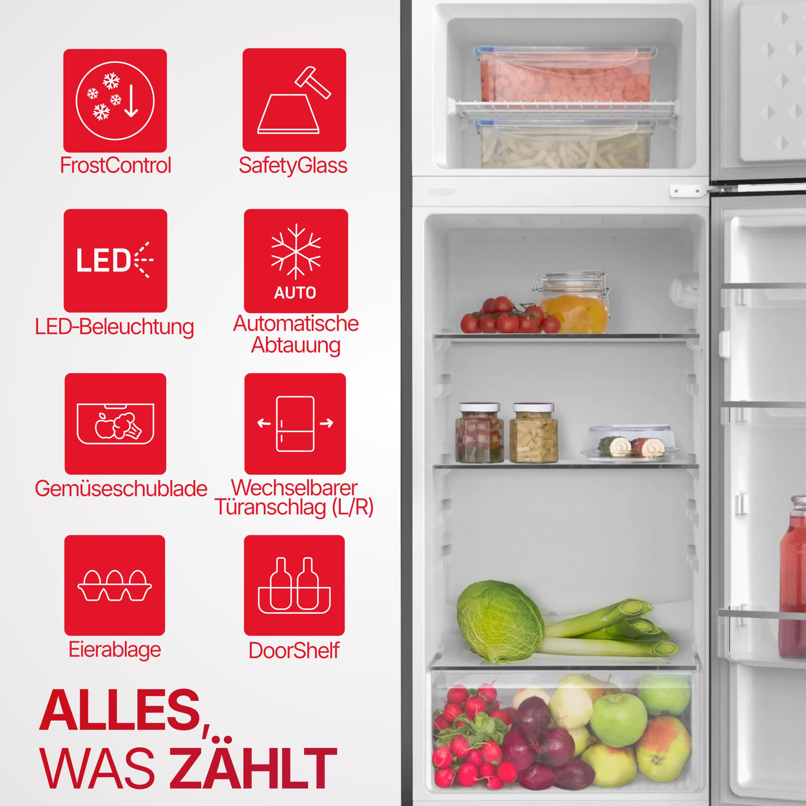 Amica Kühl-Gefrierkombination 211 L 144x54x55 cm DT 374 160 E | 170 L Kühlteil, 41 L Gefrierteil, FrostControl, Automatische Abtauung, LED Beleuchtung, Gemüseschublade