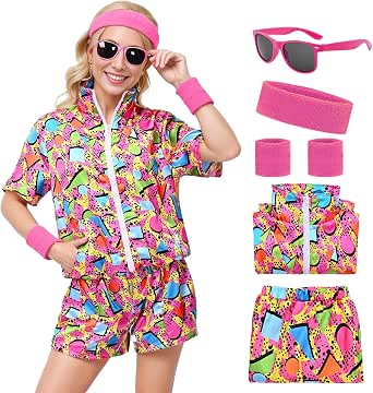 Survêtement Années 80 Femme Rétro Hip-Hop - Veste Manches Courtes + Short Coloré Disco - Tenue 80s 90s Fun Et Stylée