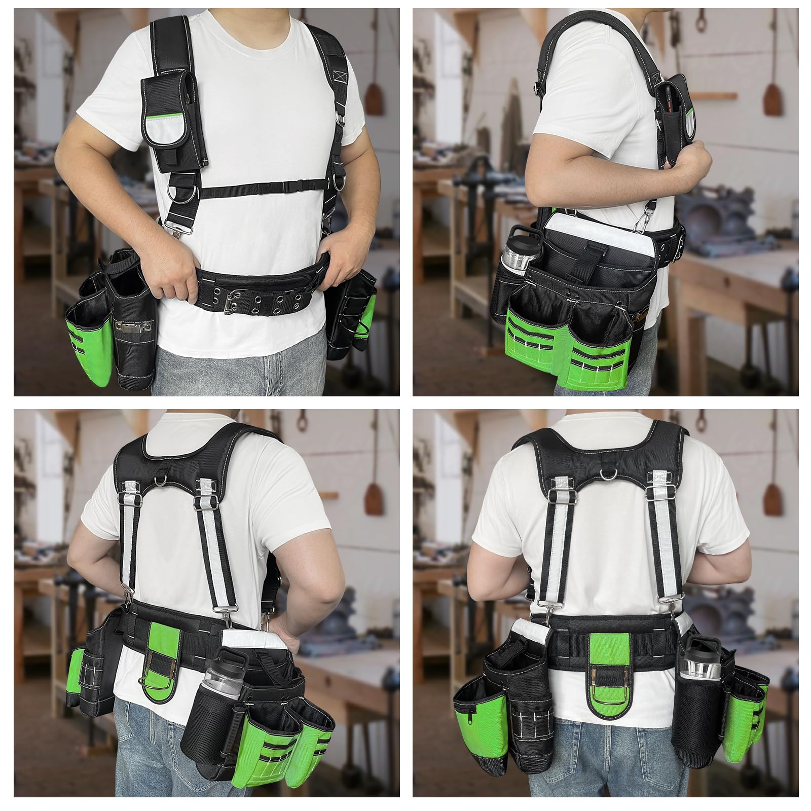 Werkzeuggürtel mit Hosenträgern für Herren, robuster Schreiner-Werkzeuggürtel mit 32 Taschen, 1680D Material, reflektierende Streifen, ideal für Rahmen, Elektriker und Baueinsatz