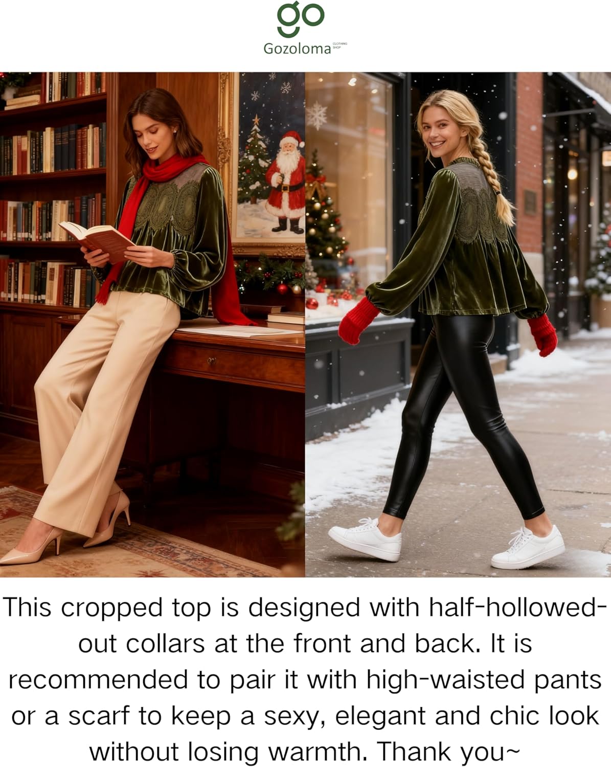 Gozoloma Women's Long Sleeve Velvet Trim Lace Blouse Elegant Flared Swing Top Round Neck Blouse Casual Wear - Image 2