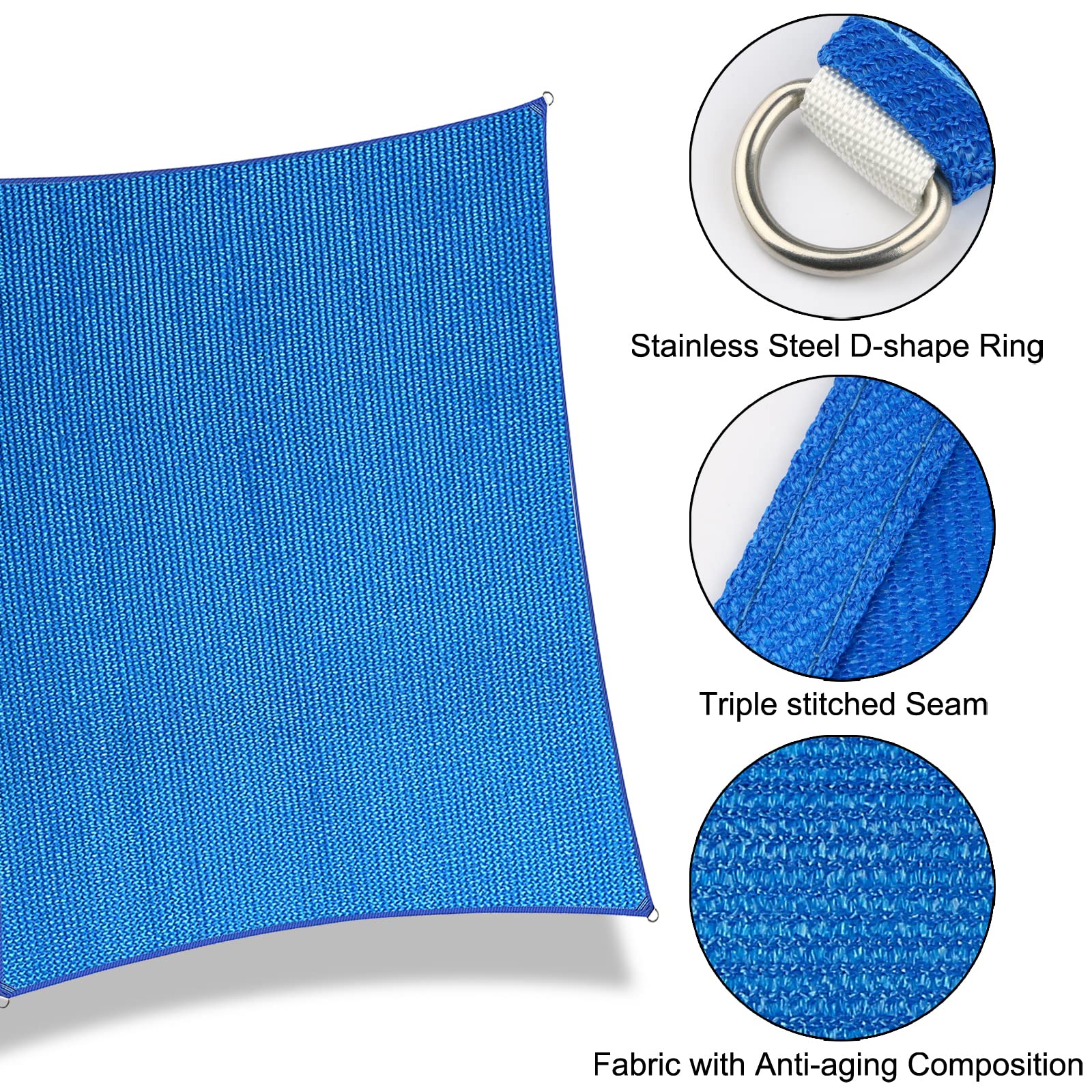 6' x 6' Rectangle Sun Shade Sail Canopy UV Block Fabric Shelter Cloth Screen Awning for Outdoor Patio Garden - 185 GSM, 96% UV Block, Heavy Duty, Customized, Blue