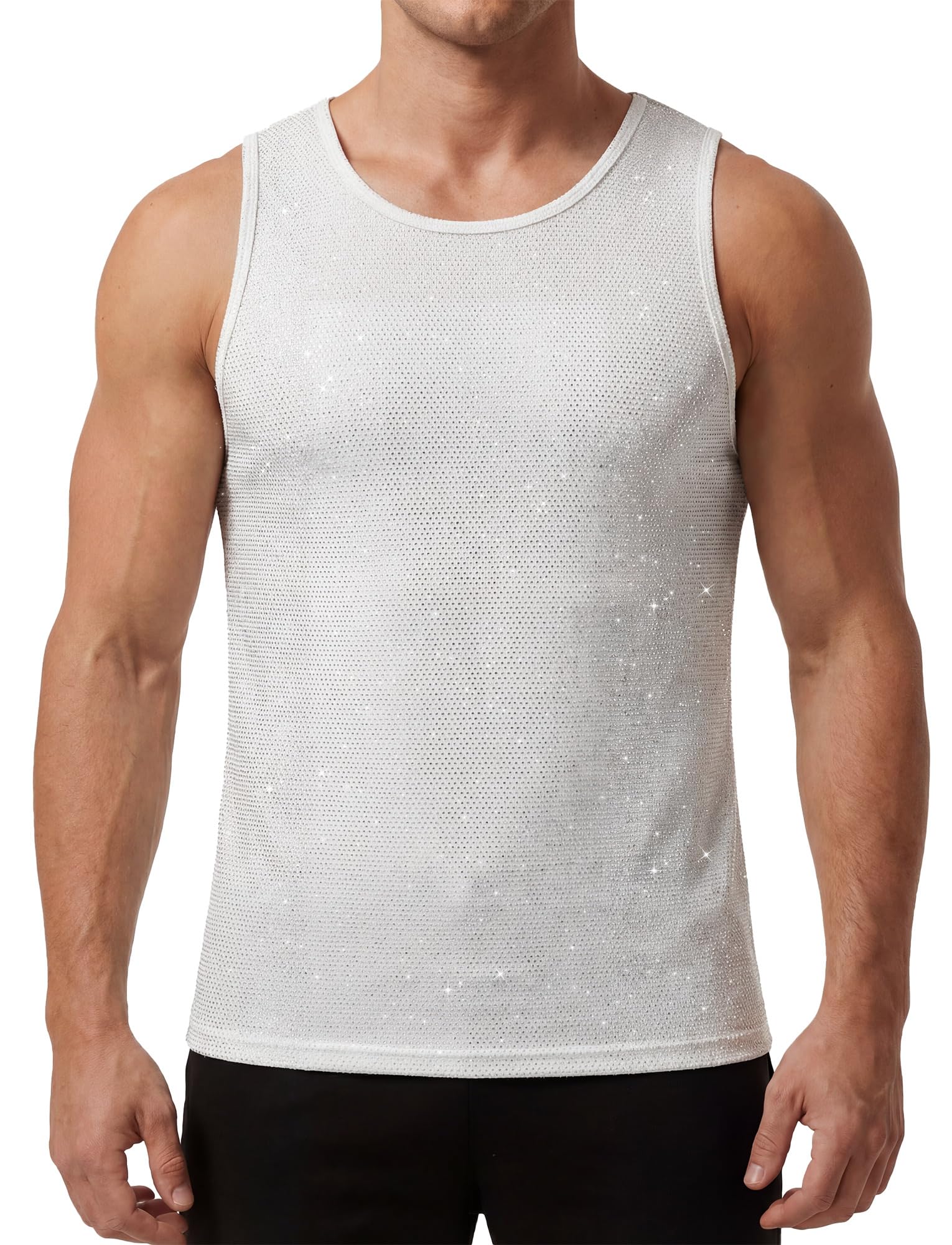 AIEOE Débardeur à paillettes pour homme - Haut en maille brillante - Sans manches - Col rond - Sexy - Clubwear - Tenue de fête pour discothèque, bar, festival