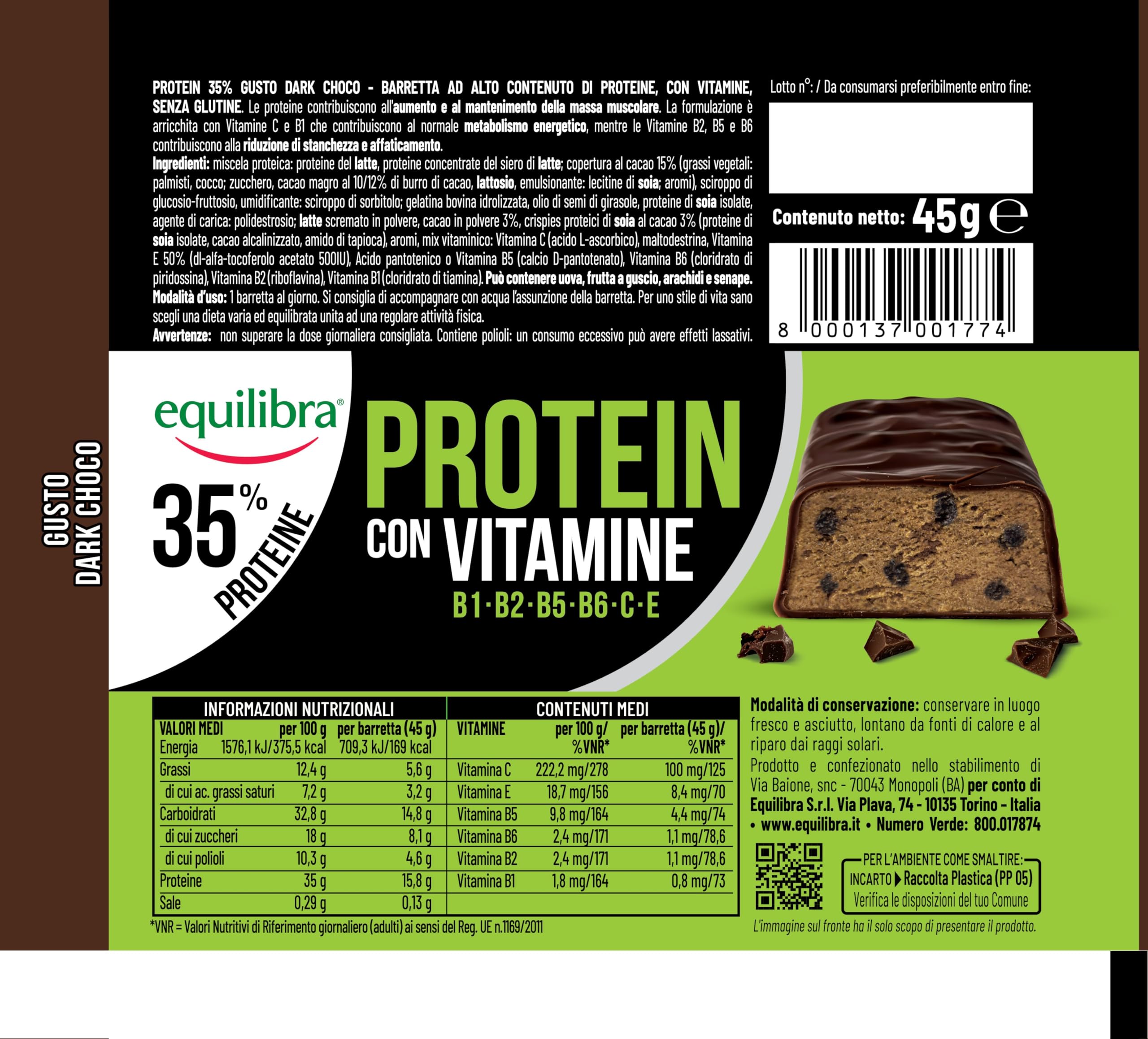 Equilibra Barrette Proteiche, 35% Proteine, 24x45g, Dark Choco, Proteine 15.8g per Aumento della Massa Muscolare, Vitamine C e B1 per Metabolismo Energetico, Vitamine B2, B5, B6 per Stanchezza