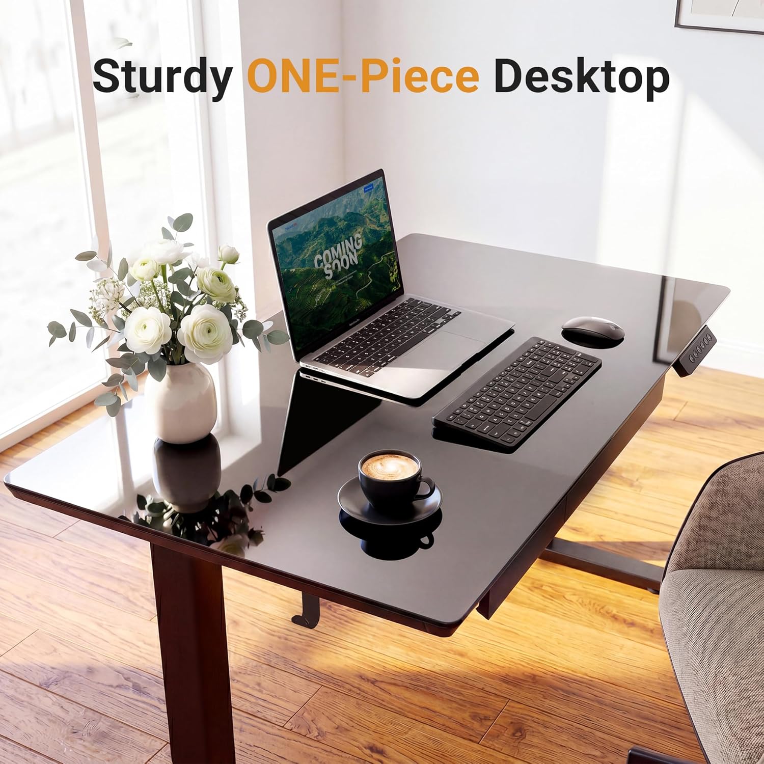 YDN Glass Standing Desk with Drawer, 32 x 19 Inches Electric Adjustable Height Desk, Sit Stand Home Office Desk with Tempered Glass Top, 4 Memory Presets Ergonomic Computer Desk, Black