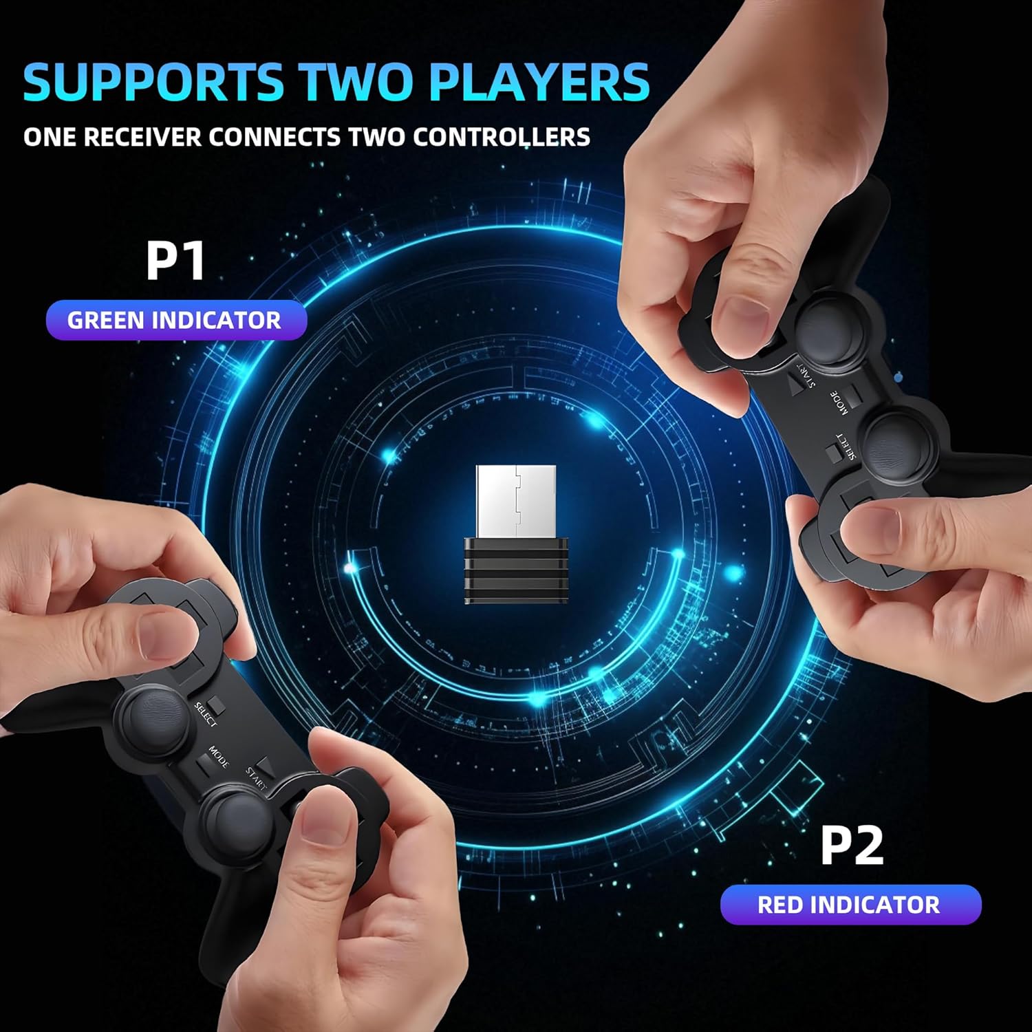 Two players holding wireless controllers, connected via a single USB receiver