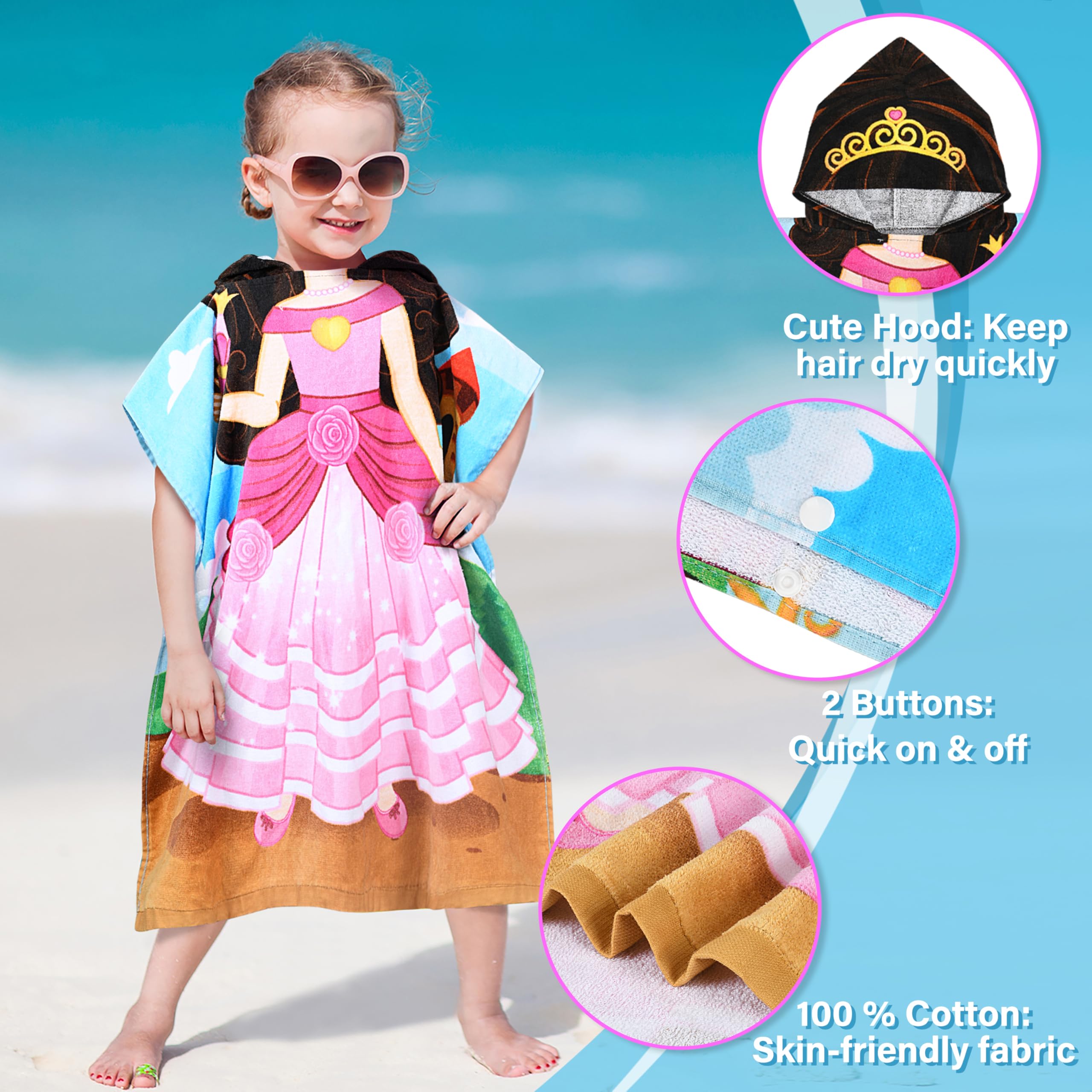 Tirrinia Princess - Toalla poncho para niños, toalla con capucha para surfear, playa, baño, natación, regalo para niñas de 2 a 7 años, 24 x 52 pulgadas, 100% algodón