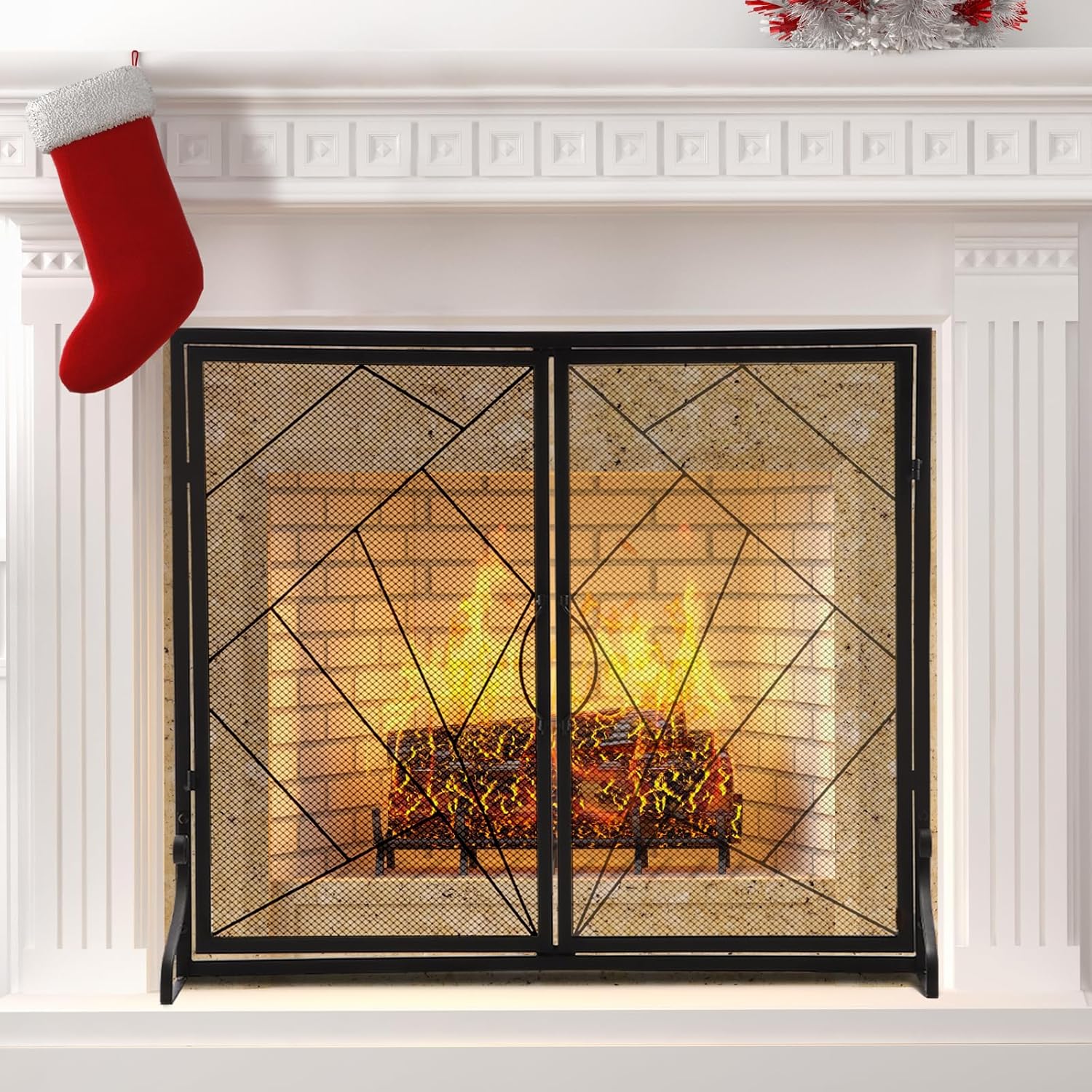Flat Fireplace Screen with Doors L37.8 x W30.5 inch,Black Fireplace Screen with Metal Mesh,Fireplace Screens Decorative with Modern Design,Free Standing Spark Guard for Living Room