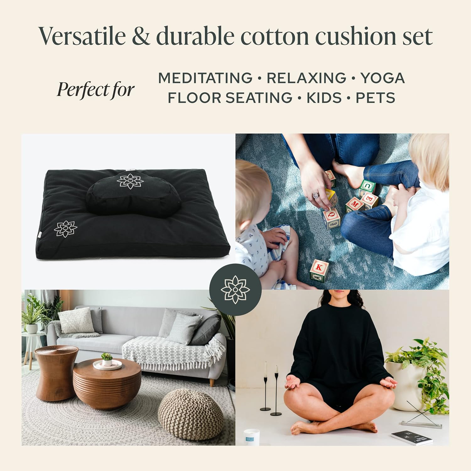 Mindful & Modern Meditation Cushion & Zabuton Meditation Mat Bundle - 100% Cotton Meditation Cushion Set for Yoga - Buckwheat Crescent Shaped Zafu Floor Pillow Rectangular Mat - Minimal Black Color