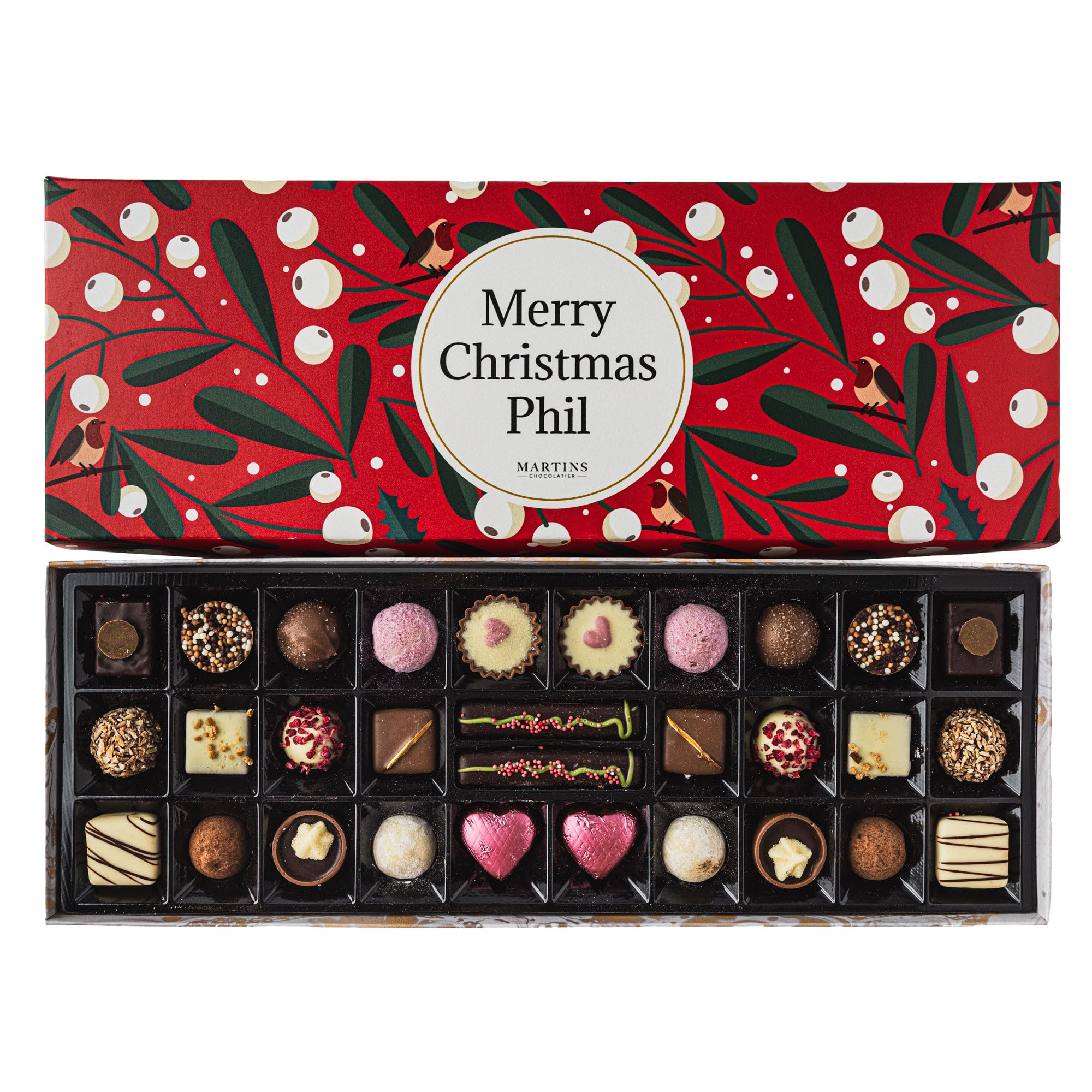 Martin’s ChocolatierPersonalised Christmas Chocolate Gift Box | Add Customisable Message | 30 Luxury Artisan Chocolates, 15 Flavours (Red, 420g)