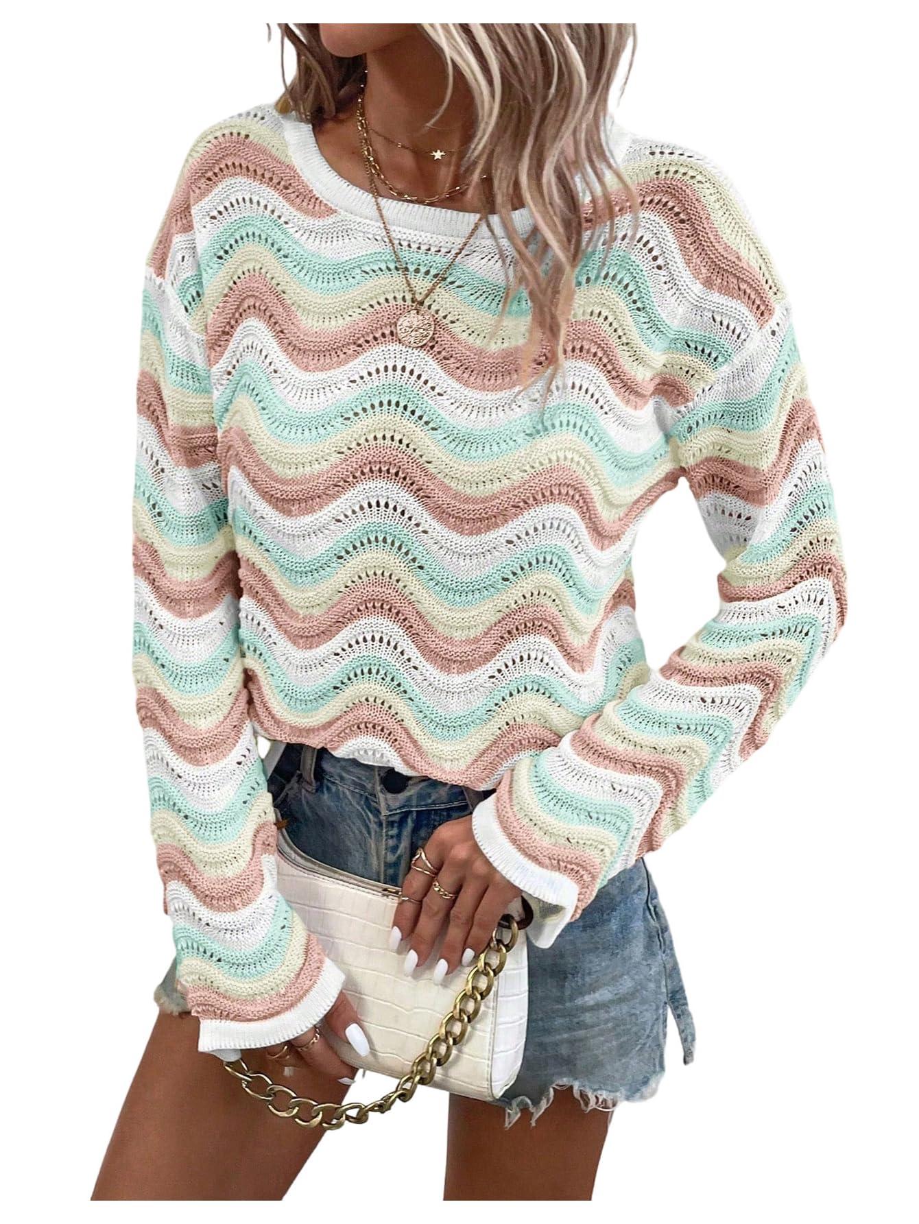 SHENHE Womens Fall Sweater Colorful Striped Hollow Out Crew Neck Knit Sweater Pullover