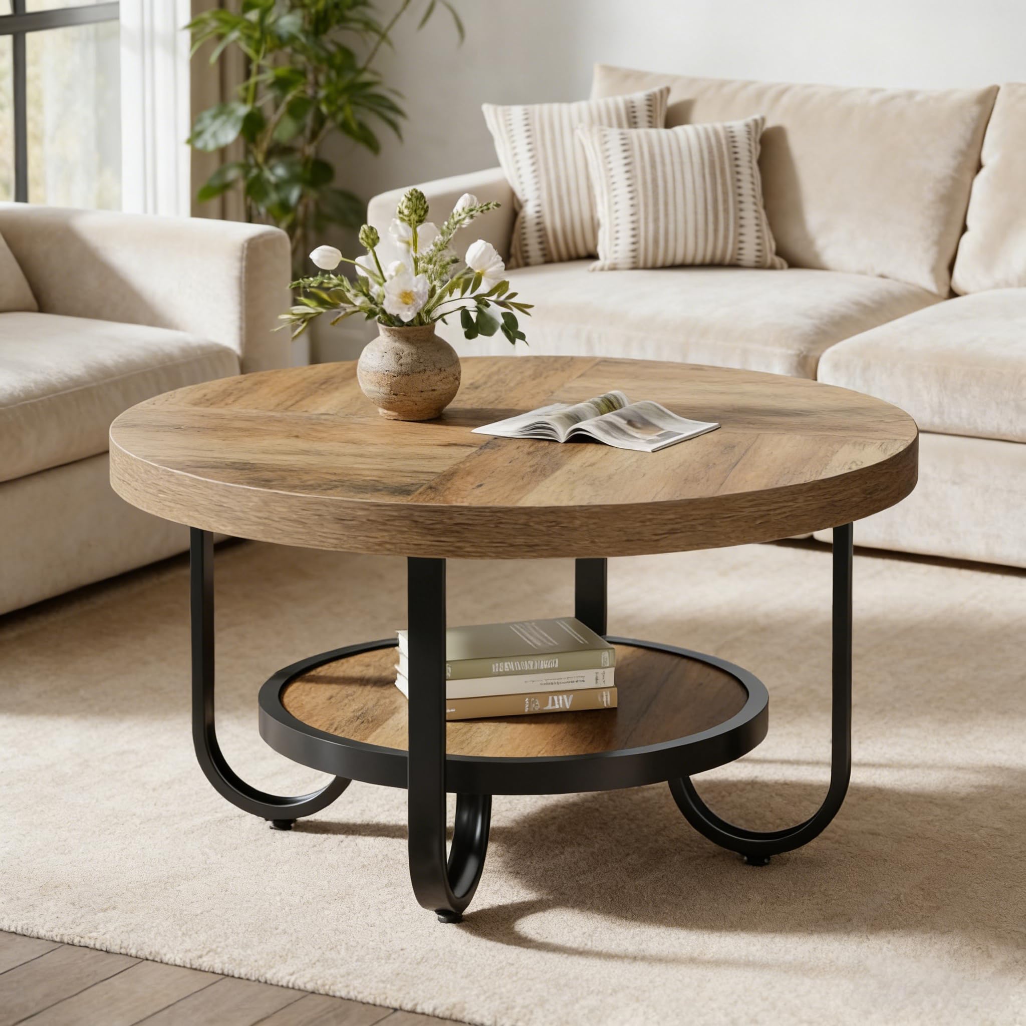 LITTLE TREE Runder Couchtisch Industrial, 2-stöckiger Wohnzimmertisch mit Ablagefach – 79 cm Durchmesser, Braun – Stabiler Sofatisch mit gebogenen Metallbeinen für Home Office & Wohnbereich