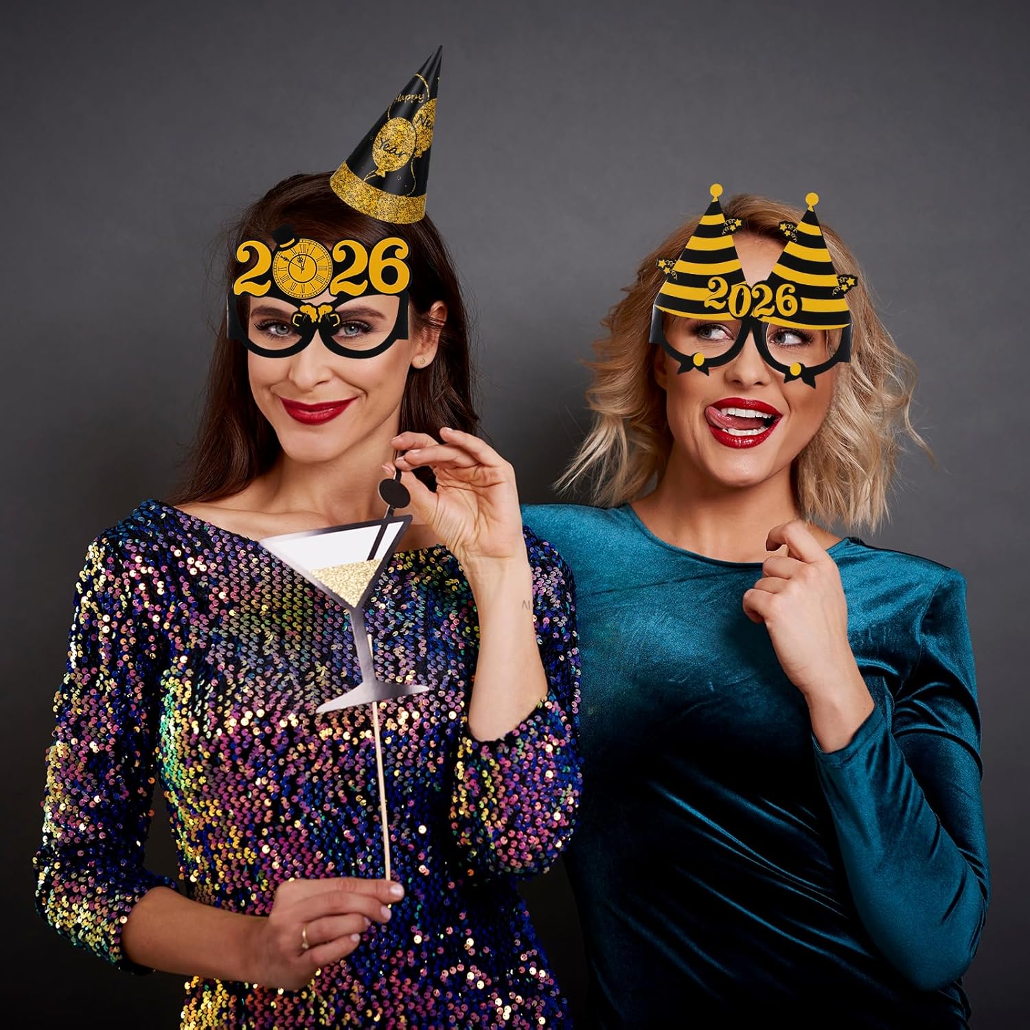 34 Pcs New Years Eve Party Supplies 2026, New Years Decorations 2026 Black and Gold Top Hats Tiaras Crown Paper Cone Hats Glasses Nye Accessories Props Outfit - Image 6