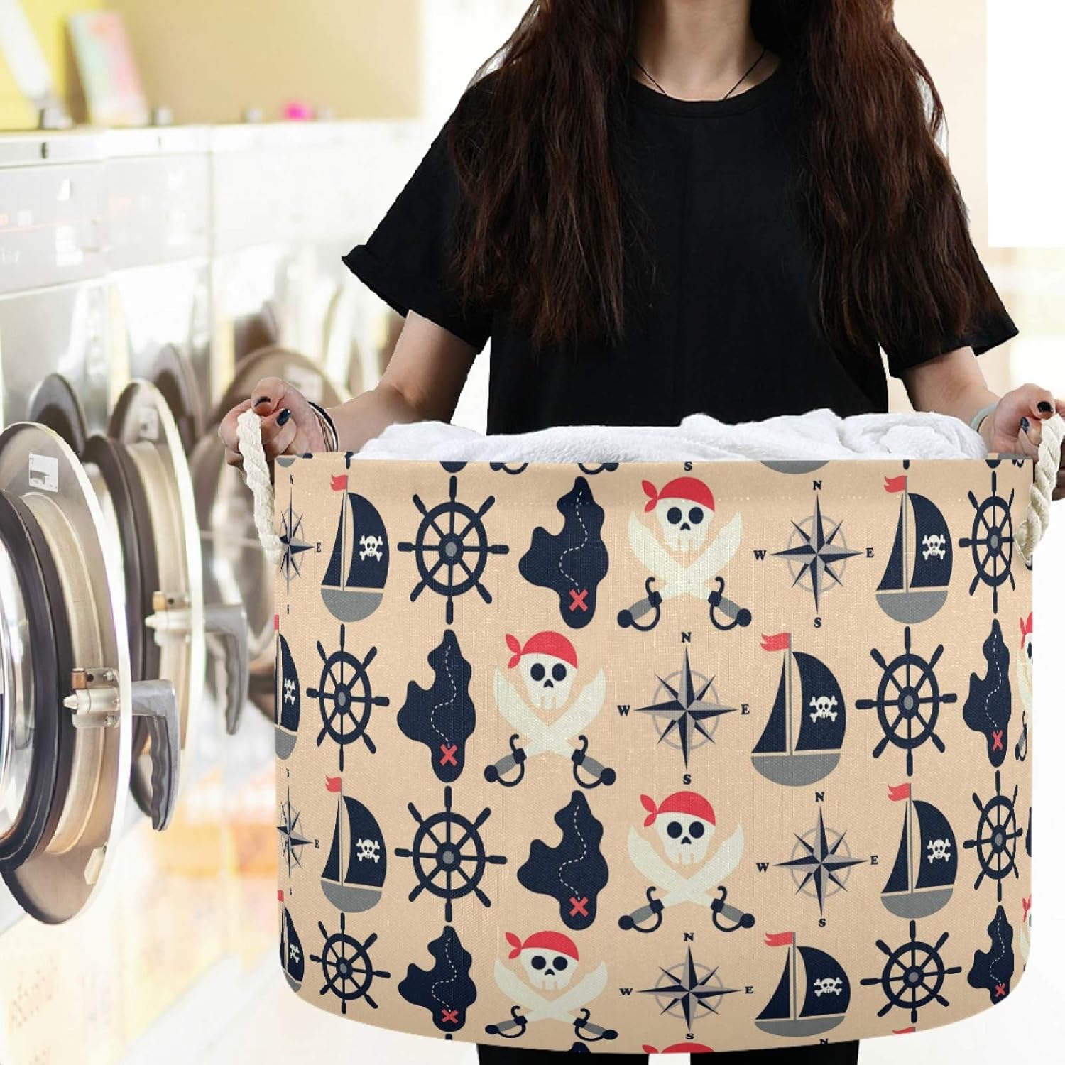 visesunny Collapsible Large Capacity Basket Vintage Pirate Skull Clothes Toy Storage Hamper with Durable Cotton Handles Home Organizer Solution for Bathroom, Bedroom, Nursery, Laundry,Closet