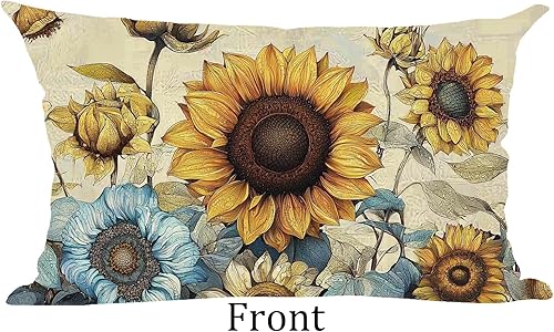 Miniatura 2 de Ramirar Funda de almohada lumbar decorativa de verano con diseño de flores de acuarela, flor de loto, girasol, hojas azules, fondo gris, funda de