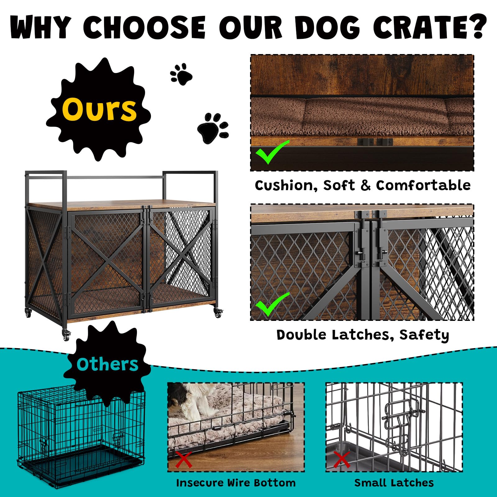 Cage à Chien Meuble en Bois et Métal, Cage Intérieure pour Chien de Grande Taille avec Coussin Moelleux, Double Verrouillage de Sécurité, Design Industriel, 104x60x91 cm, Marron et Noir