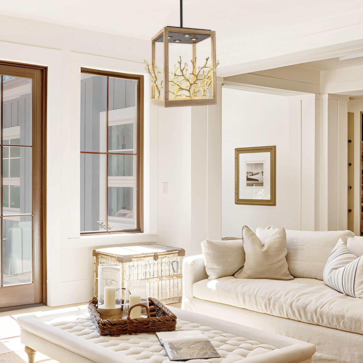 Parrot Uncle Modern Chandeliers Vintage Wood Lamp Pendant Light, Wood Frame Box Light Fixture for Bedroom Dining Room Kitchen Island, Gold Accent, 18.5 x 18.5 x 17.3 Inch