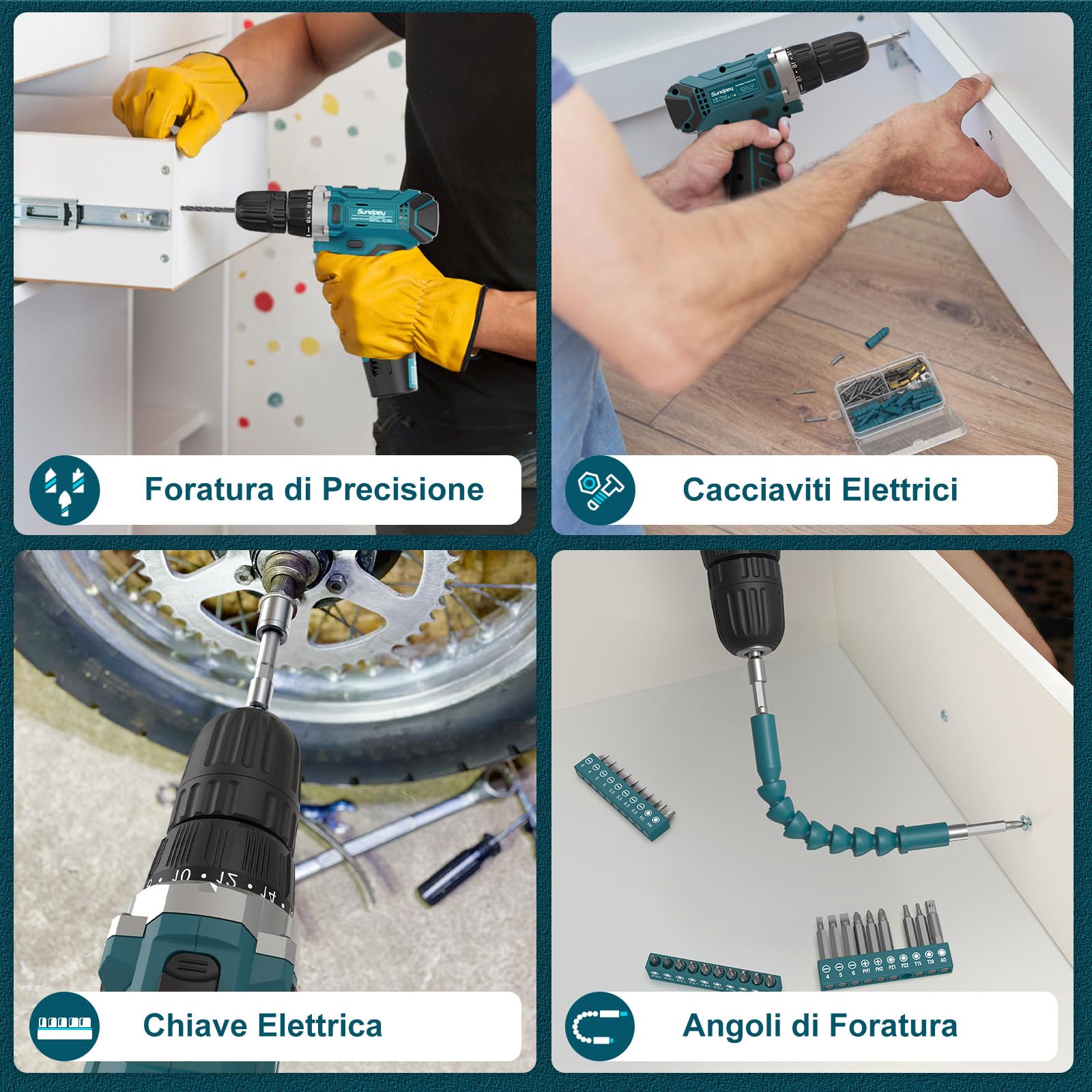 Sundpey Cassetta Attrezzi Completa 206 Pezzi, Trapano Avvitatore Batteria 12V per Serrare/Allentare Viti, Set Attrezzi da Lavoro Valigia Attrezzi Completa per Riparazioni Casalinghe e Fai da Te, Blu