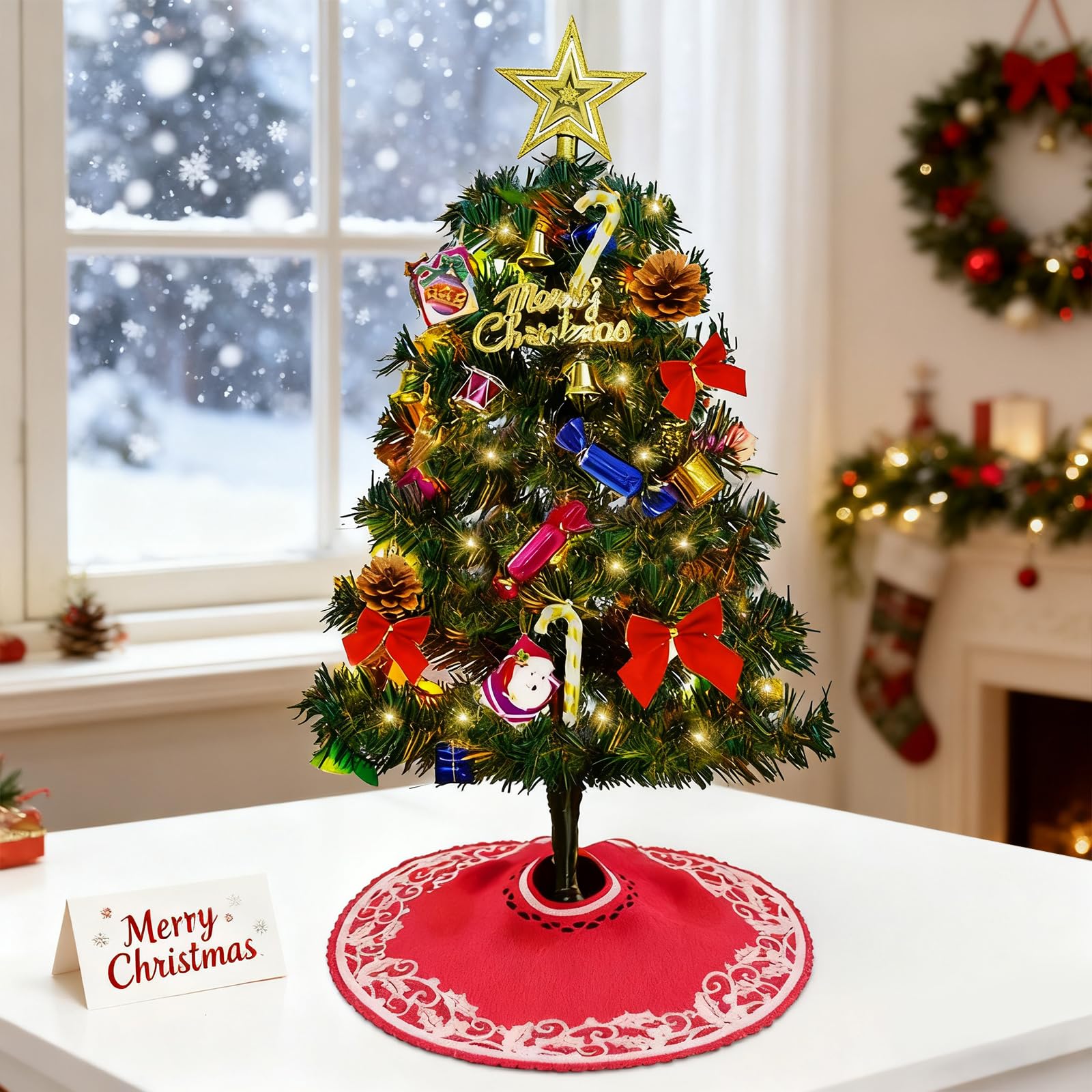 20'' LED Table Top Christmas Tree Small Christmas Trees with Lights 23pcs Ornaments Felt Xmas Tree Skirt DIY Holiday Decoration Desktop Christmas Tree for Kids Room Office Gift