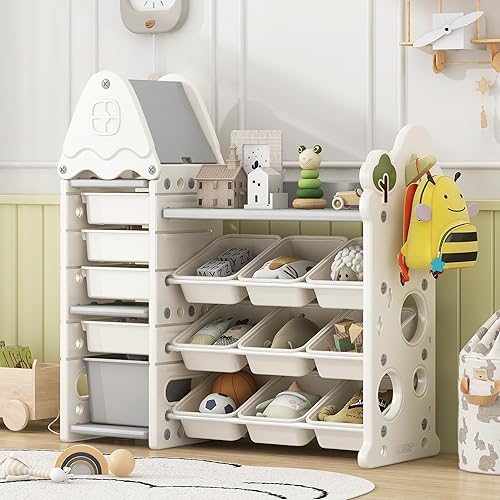 Miniatura 10 de Merax Organizador de almacenamiento de juguetes con 14 cubos de almacenamiento, organizadores de juguetes para niños y almacenamiento con techo para