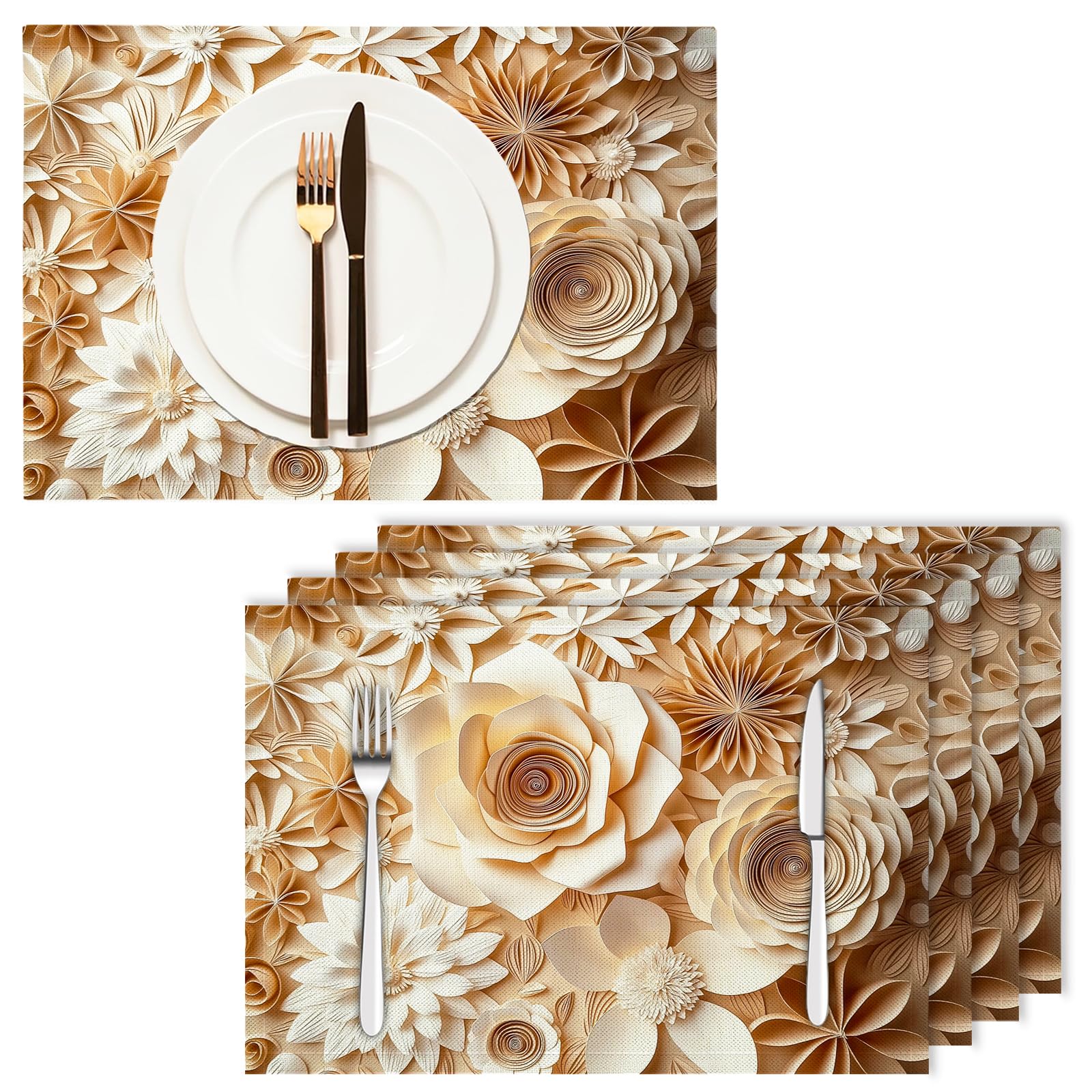30×45cm Tovaglietta Americana Fiori di carta 3D in Cotone Lino Rettangolare - Tovagliette Set di 8 Margherita Resistente al Calore per La Cucina, Il L'Ufficio