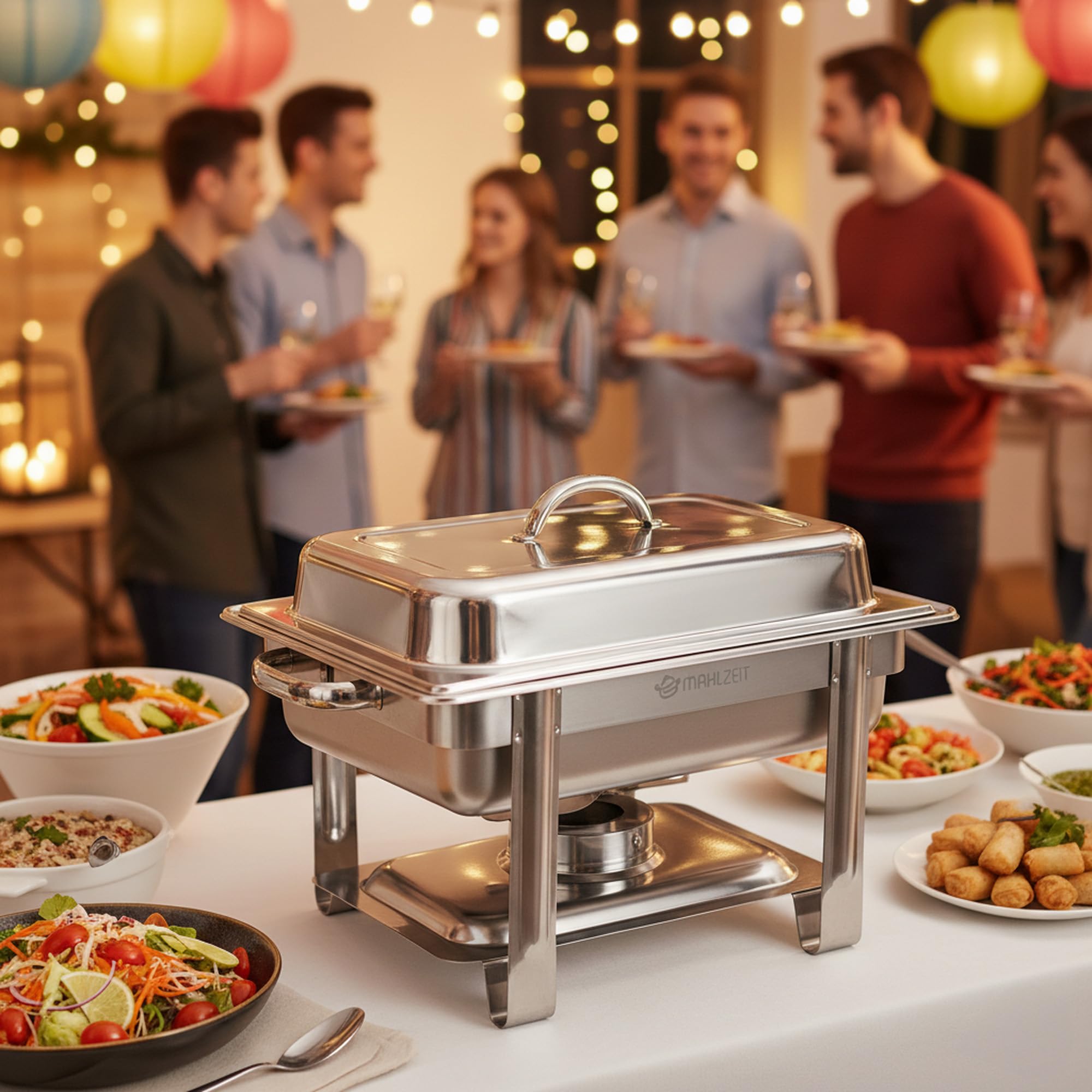 Mahlzeit Edelstahl Chafing Dish 4 Liter | Speisenwärmer mit Deckelhalter, Warmhaltebehälter Essen | Wärmebehälter, Bain Marie Rechaud | Chafing Dishes für Buffet Catering Gastro und Party