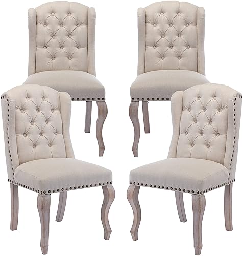 Miniatura 8 de Juego de 4 sillas de comedor tapizadas de tela de lino de granja, sillas auxiliares copetudas con respaldo copetudo para cocina, comedor, sala de