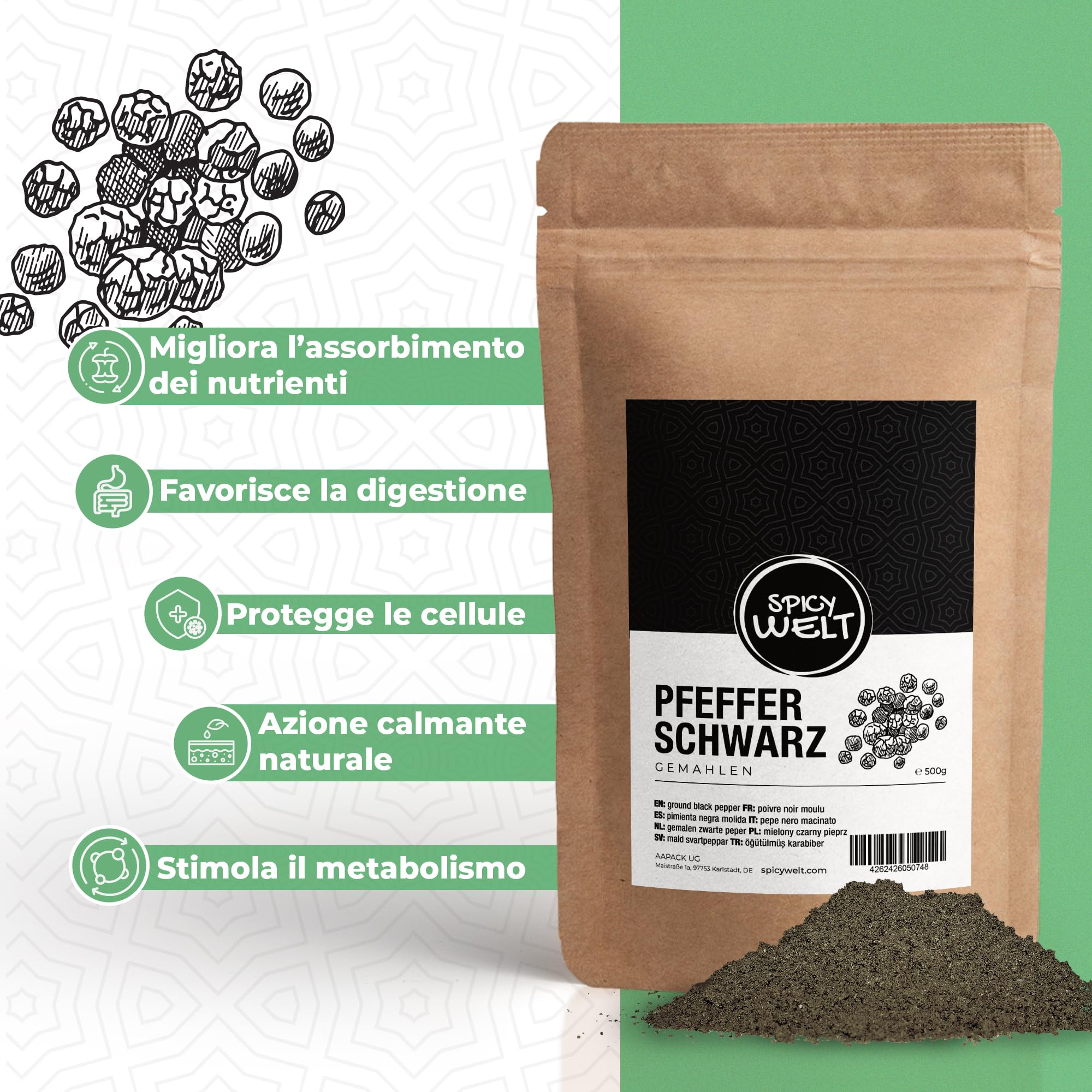 Spicy Welt Pepe Nero Macinato (1kg) – Pepe Nero in Polvere per Pasta, Carne, Arrosti e Salse | Gusto Intenso e Pungente | 100% Naturale, Senza Additivi