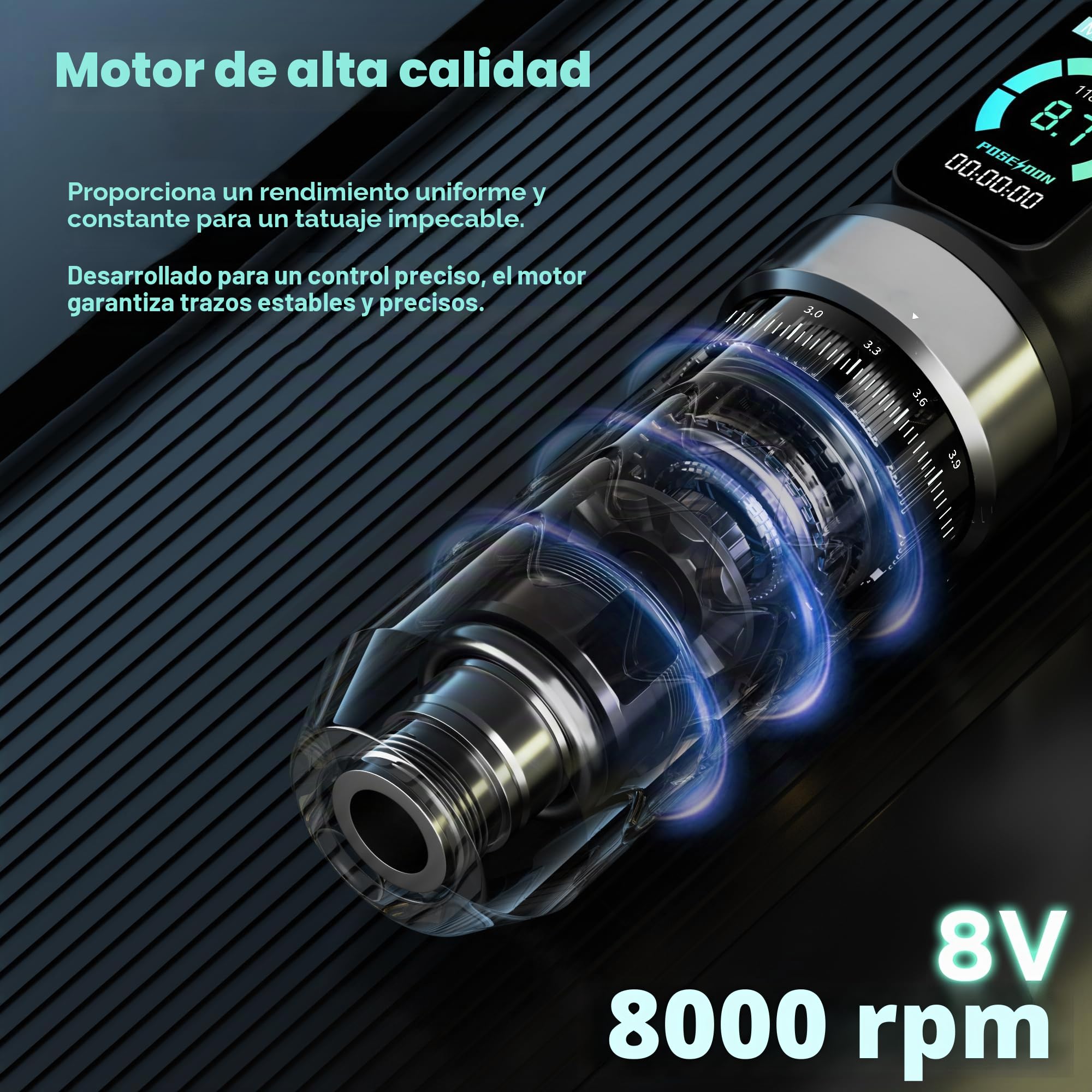Kit de máquina de tatuaje inalámbrica POSEIDON con 7 ajustes de hub, dos baterías de 2300 mAh, modo normal/punteado y pantalla LED - Dispositivo de tatuaje inalámbrico profesional para principiantes