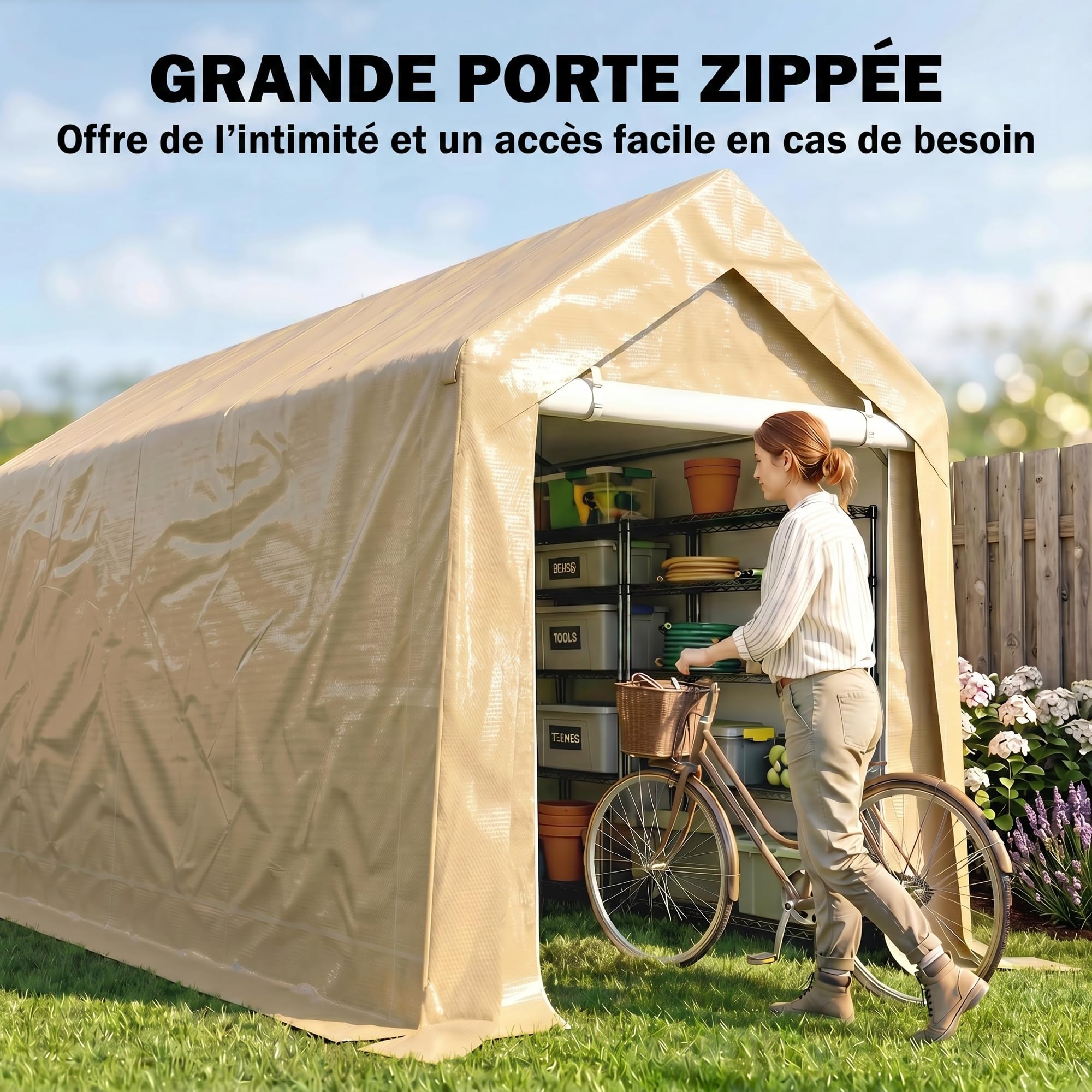 Outsunny Abri de Jardin, Tente de Stockage, 2 x 3,6 m, bâche PE 200 g/m² imperméable et Anti-UV, Cadre en Acier galvanisé et Grande Porte, abri de vélo Garage pour extérieur, Beige