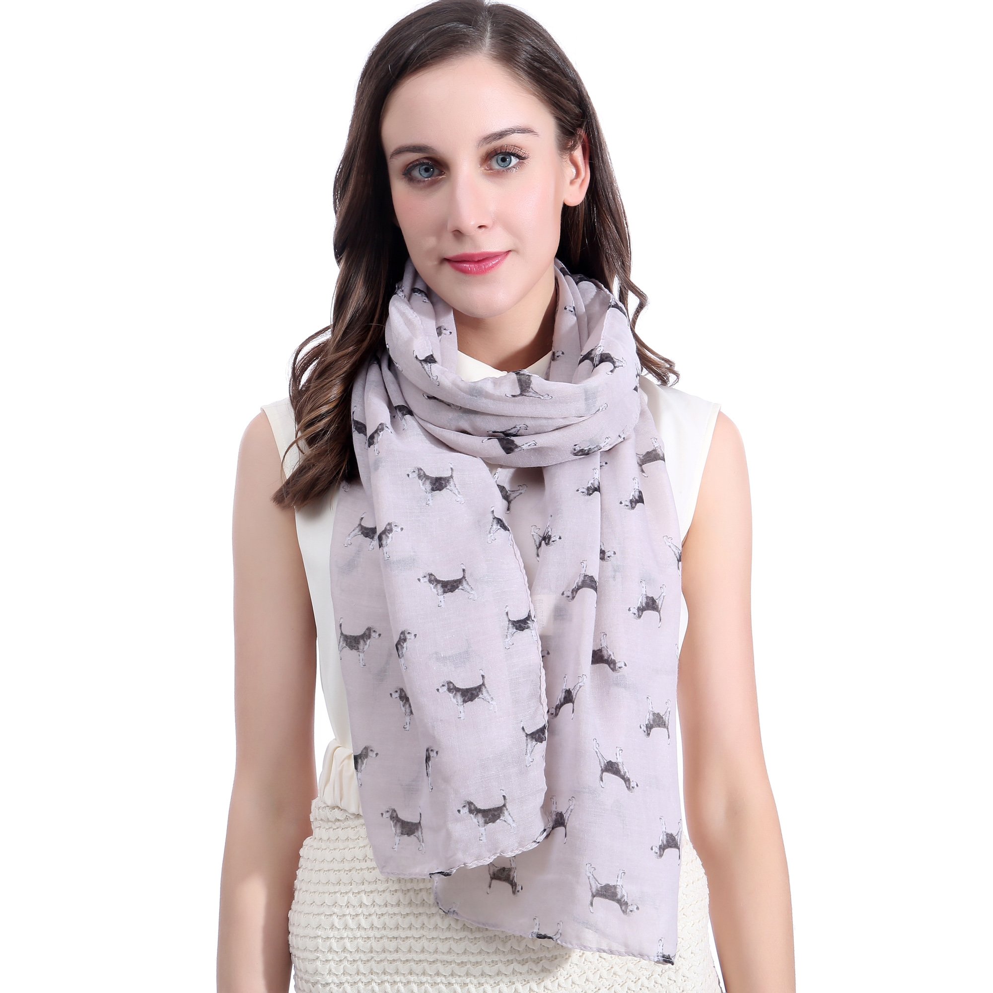 Lina & Lily Women's Beige Beagle Dog Print Scarf Shawl Wrap Lightweight (Beige)