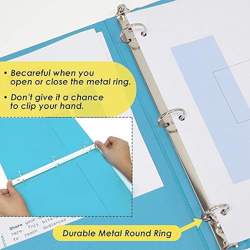 Miniatura 6 de BAZIC - Carpeta organizadora de 3 anillas de 12 pulgada, cian, anillo redondo, capacidad para 100 hojas de papel, para escuela, oficina, hogar, 12