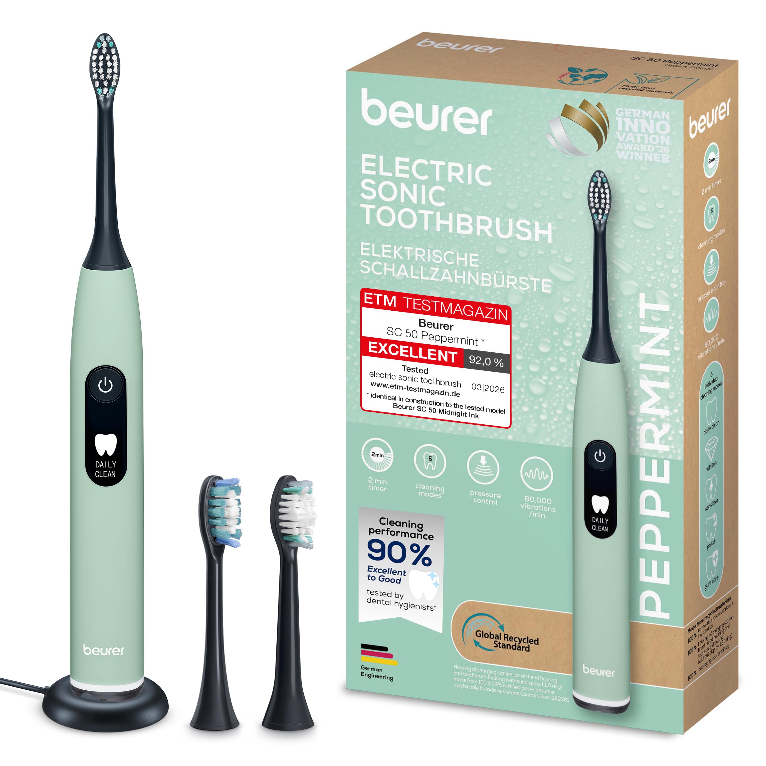 Beurer SC 50 Brosse à dents électrique sonique avec 5 modes de brossage et capteur de pression, 80 000 oscillations, écran avec indicateur de temps de brossage, 2 brossettes, boîtier 100% recyclé