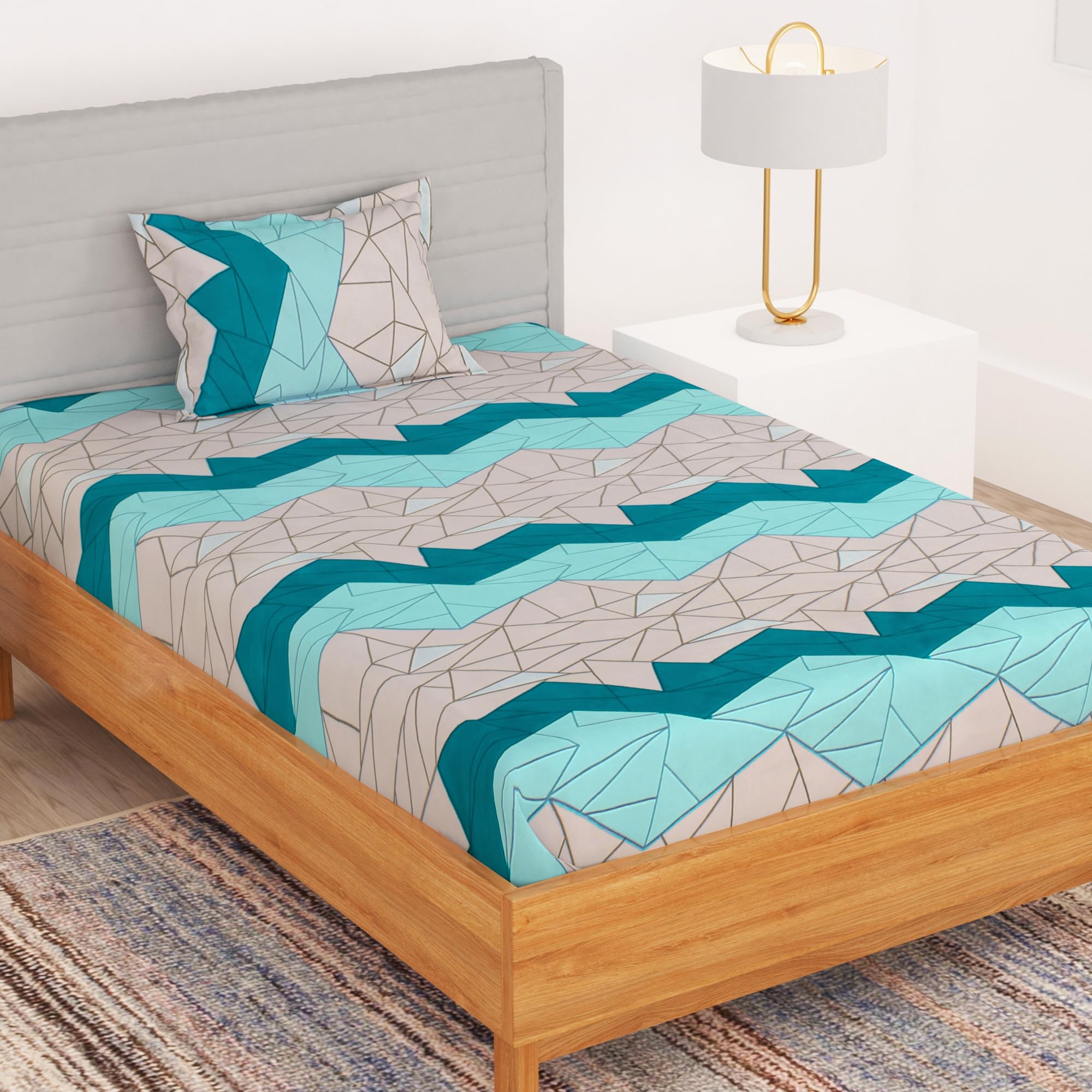 BEDSPUN Bedsheet for Single Bed,Bed Sheet Single Bed,1 Single Bedsheet with 1 Pillow Cover | 57 in X 86 in |Jigsaw Aqua Blue